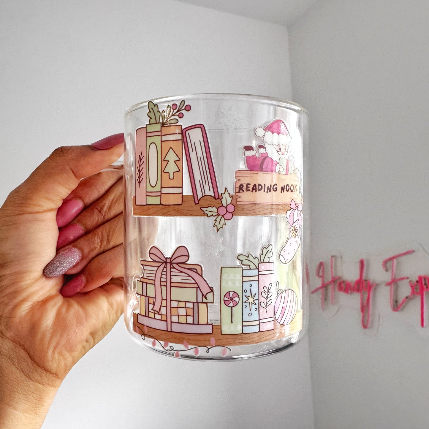 Christmas bookshelf Themed Glass Coffee Mug: Double Walled 13oz For Book Lovers