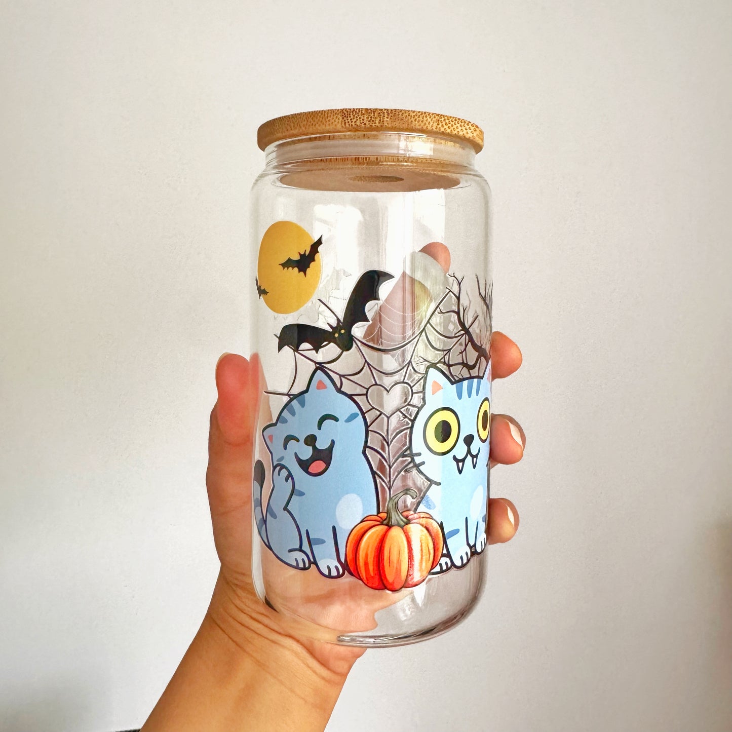 Spooky Cat Pumpkin Iced coffee Glass Can With Bamboo Lid and Straw