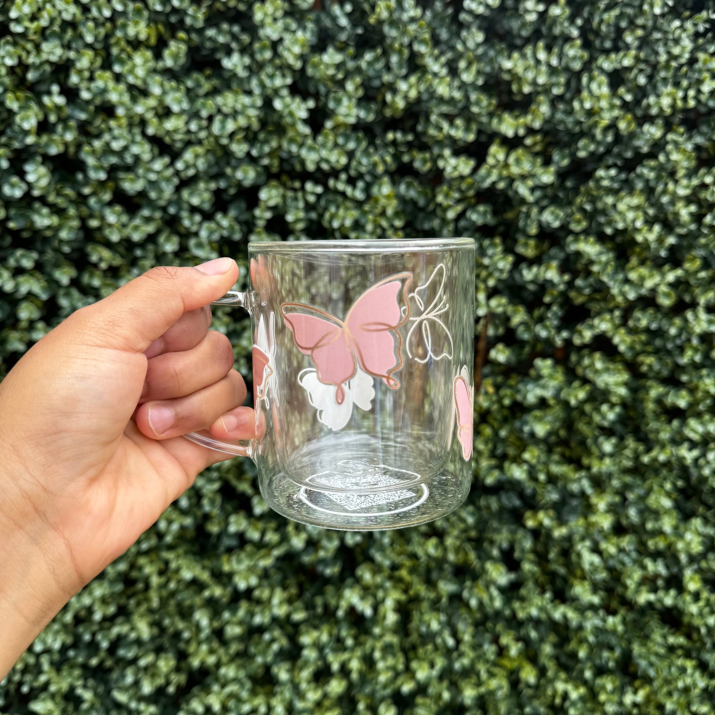 Butterfly glass coffee mug . Pink Girly mug. Glass mug .Gift for coffee lover .Butterfly mug 13oz Double walled