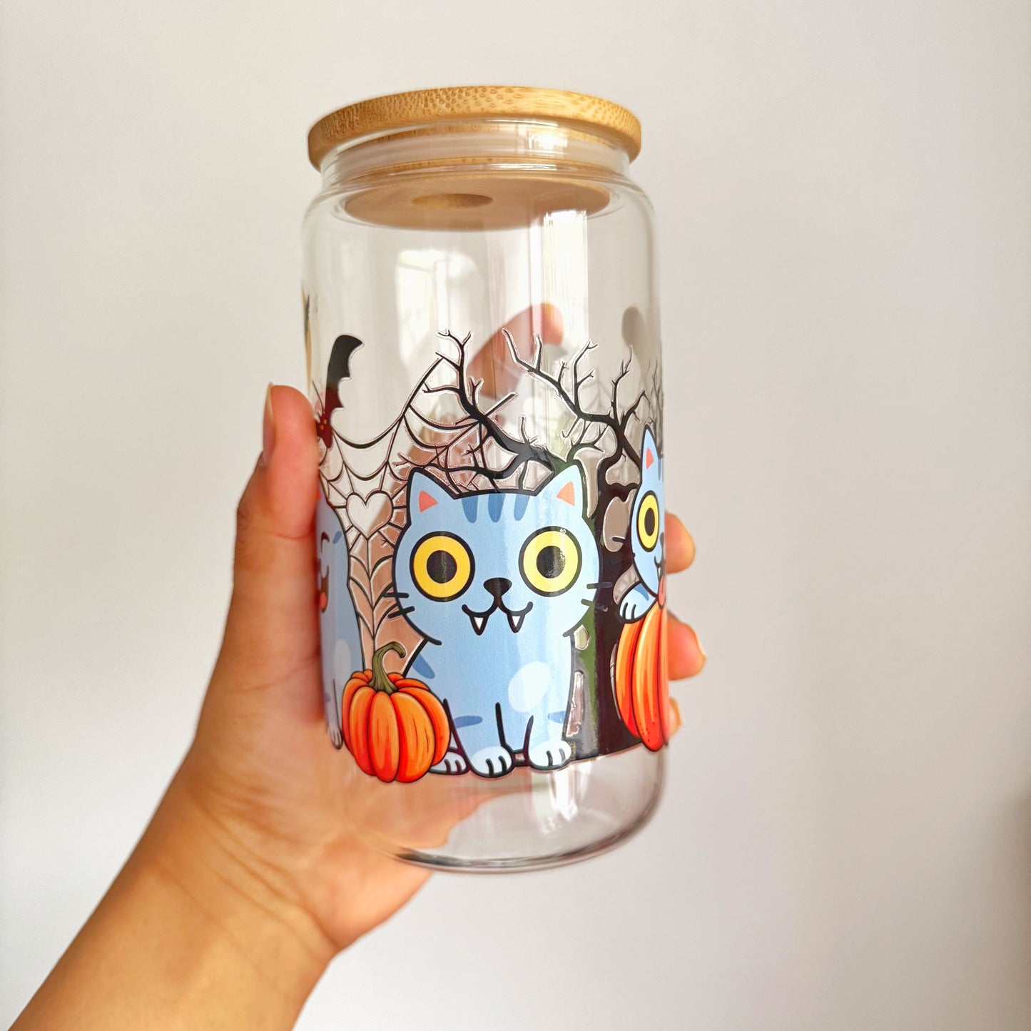 Spooky Cat Pumpkin Iced coffee Glass Can With Bamboo Lid and Straw