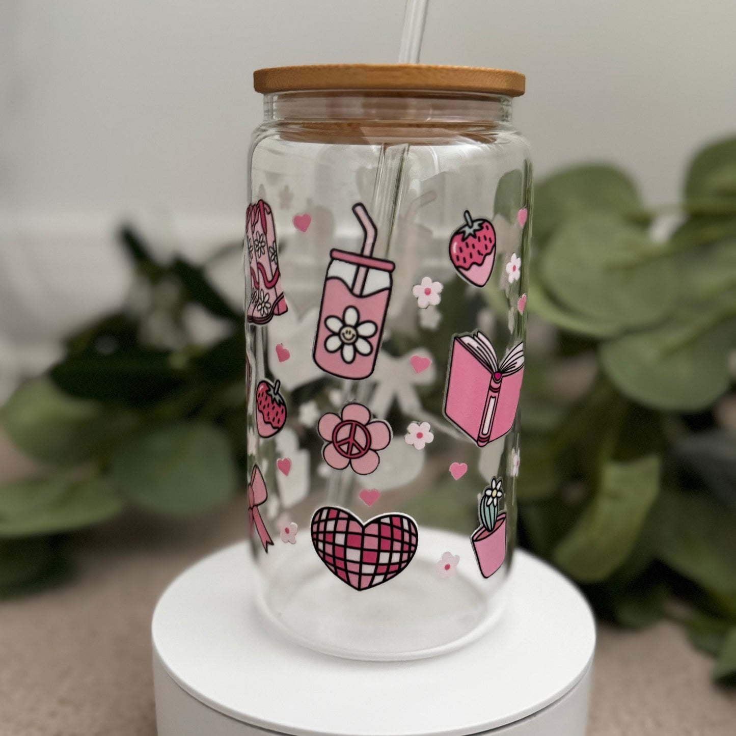 Bookish Pink lover iced coffee glass mug, Cute iced coffee glass bamboo lid and glass straw, Coffee book lovers cute bookish cup,Bookish glass 16oz
