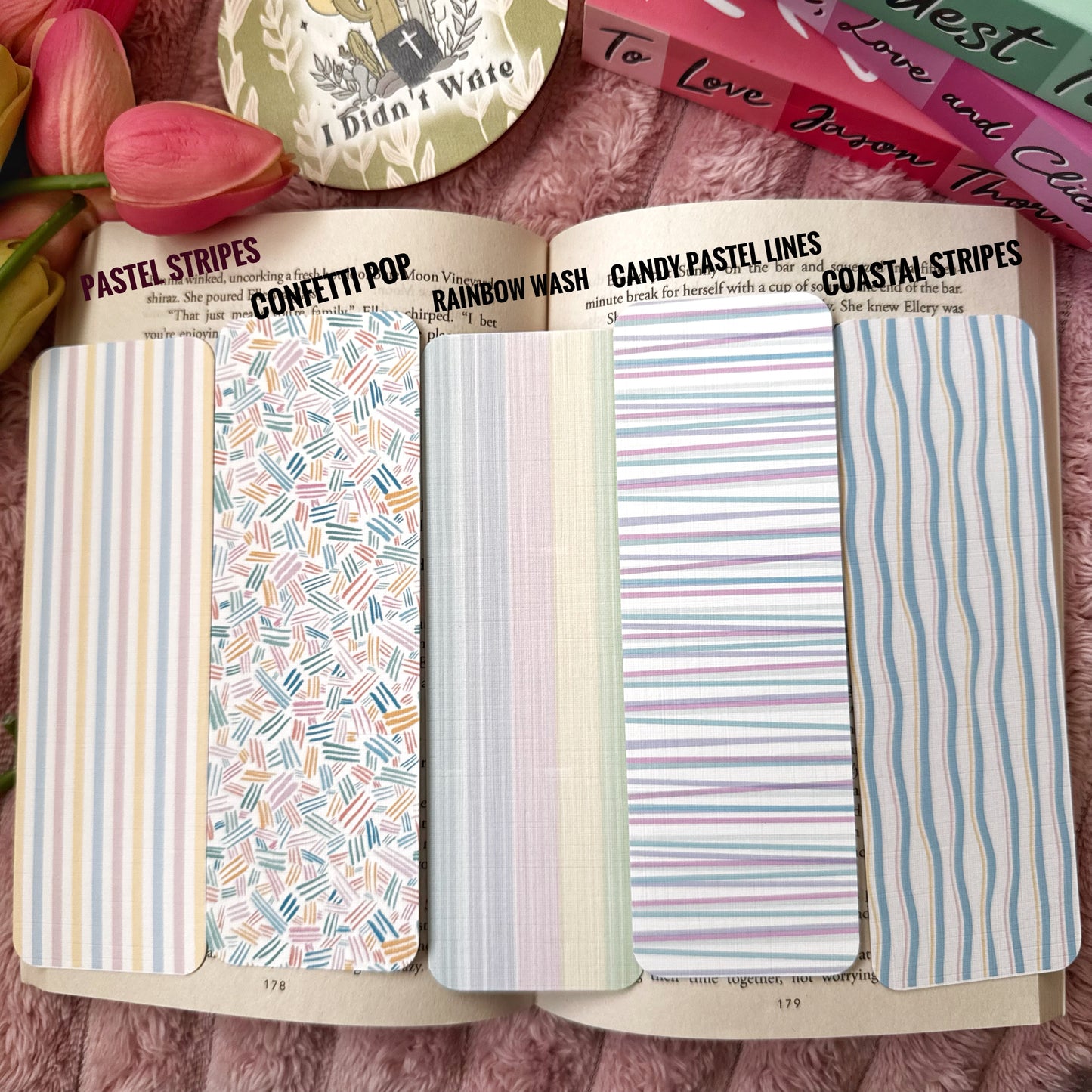 Pastel Stripes Linen Bookmark Set of 5 β Aesthetic Bookish Bookmarks for Readers
