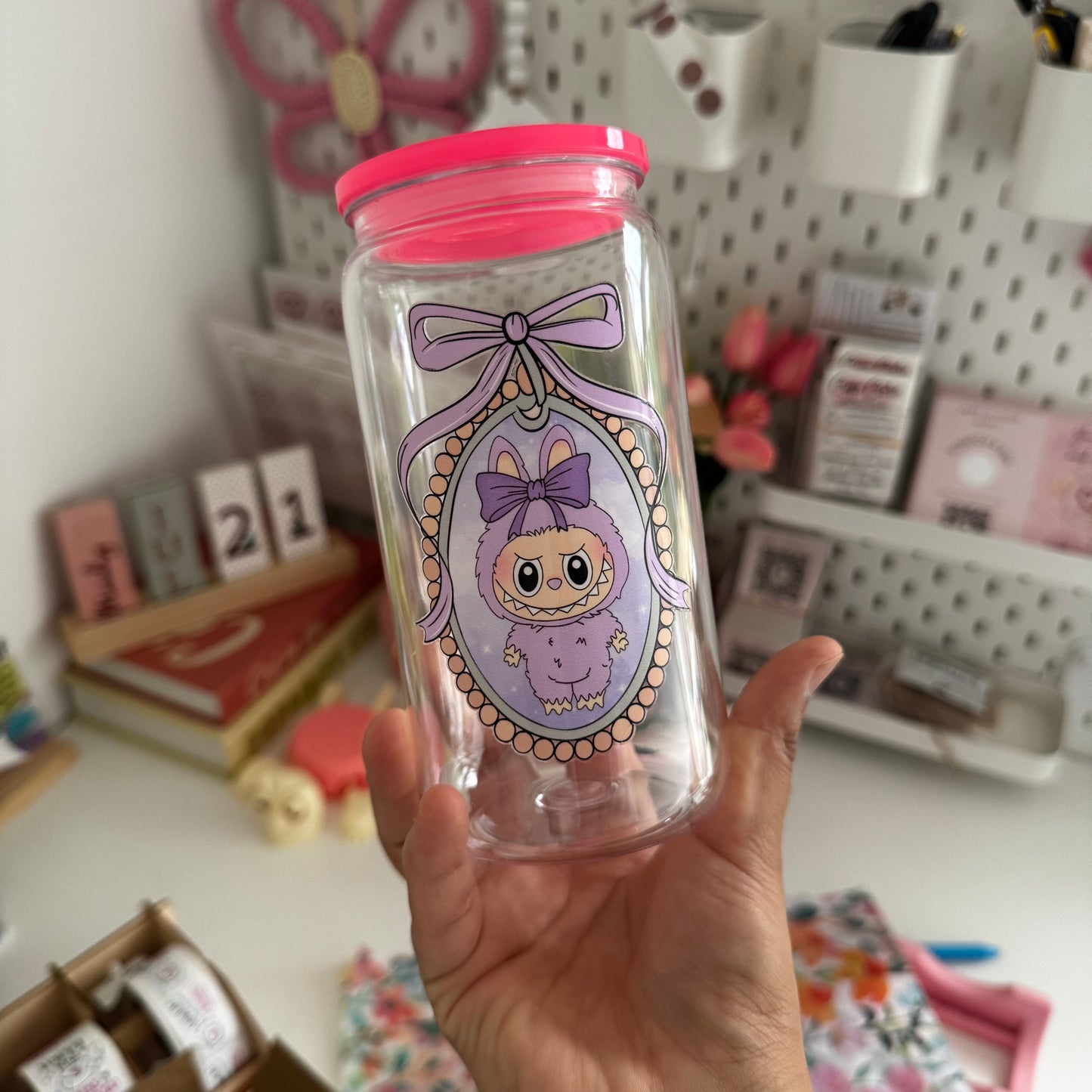 Exclusive Labubu Collection - Labubu Purple ( ZiZi) iced coffee can, Labubu Libbey Glass
