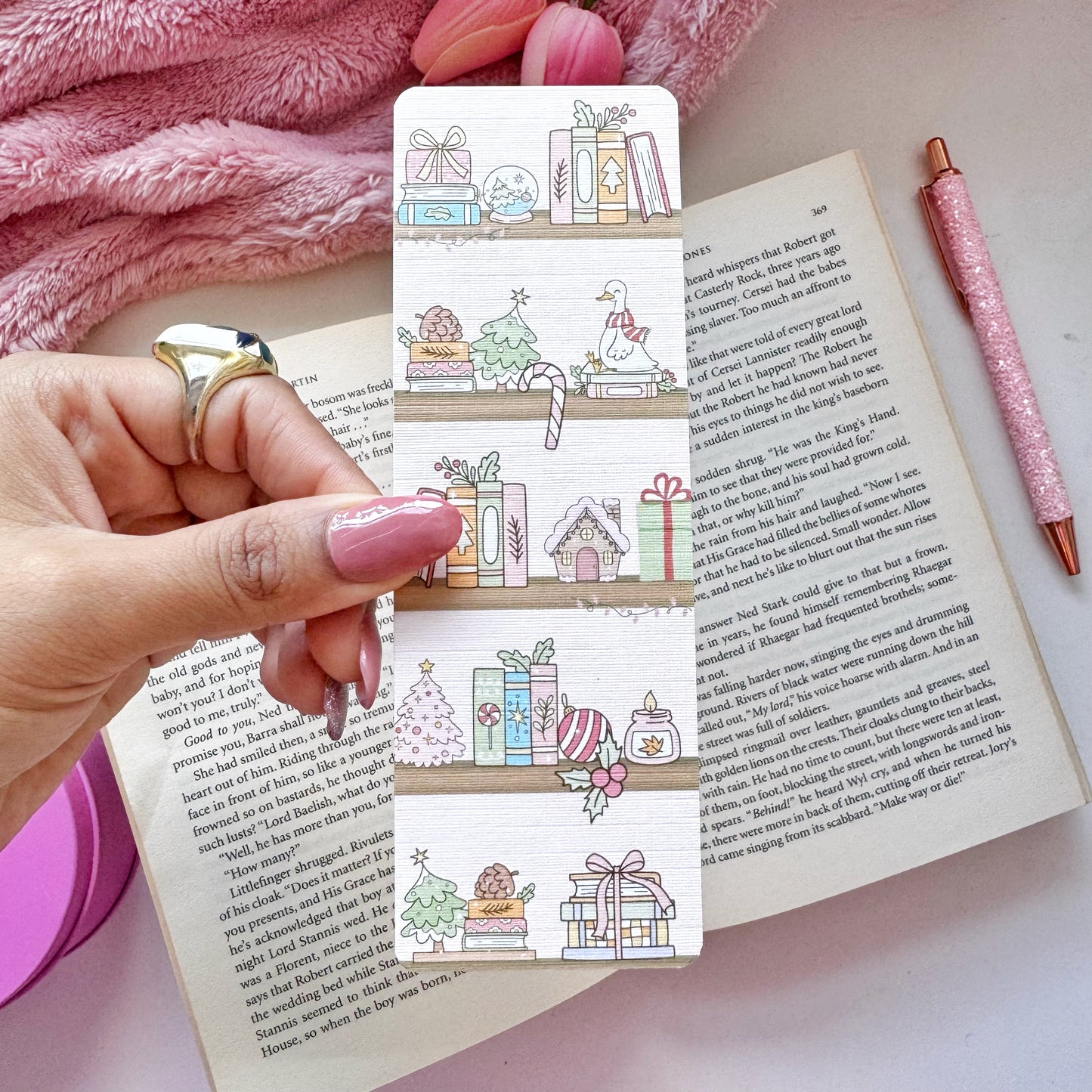 Christmas Bookshelf Pastel Aesthetic bookmark, Double Side 2x6 inch Linen Paper Gift
