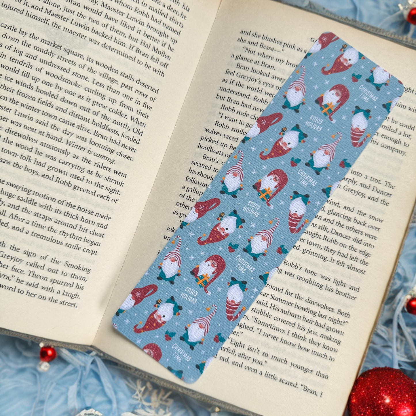 Christmas Gnome linen bookmark, Gnomes Holiday Cozy Read bookmark