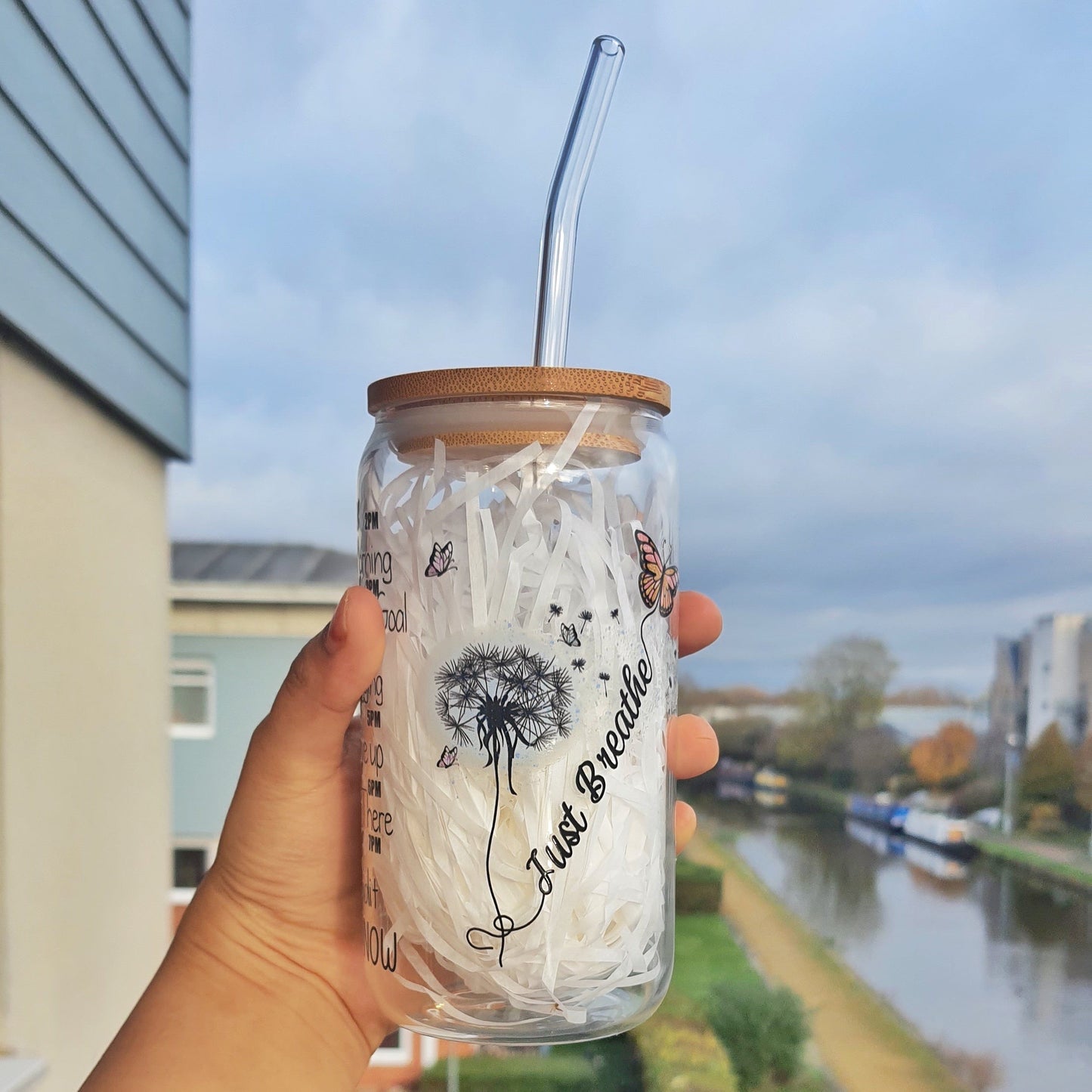 SALE affirmation Flower lady iced Coffee Cup, Flower Glass Tumbler 16 oz , Glass Cup with Bamboo lid and glass straw