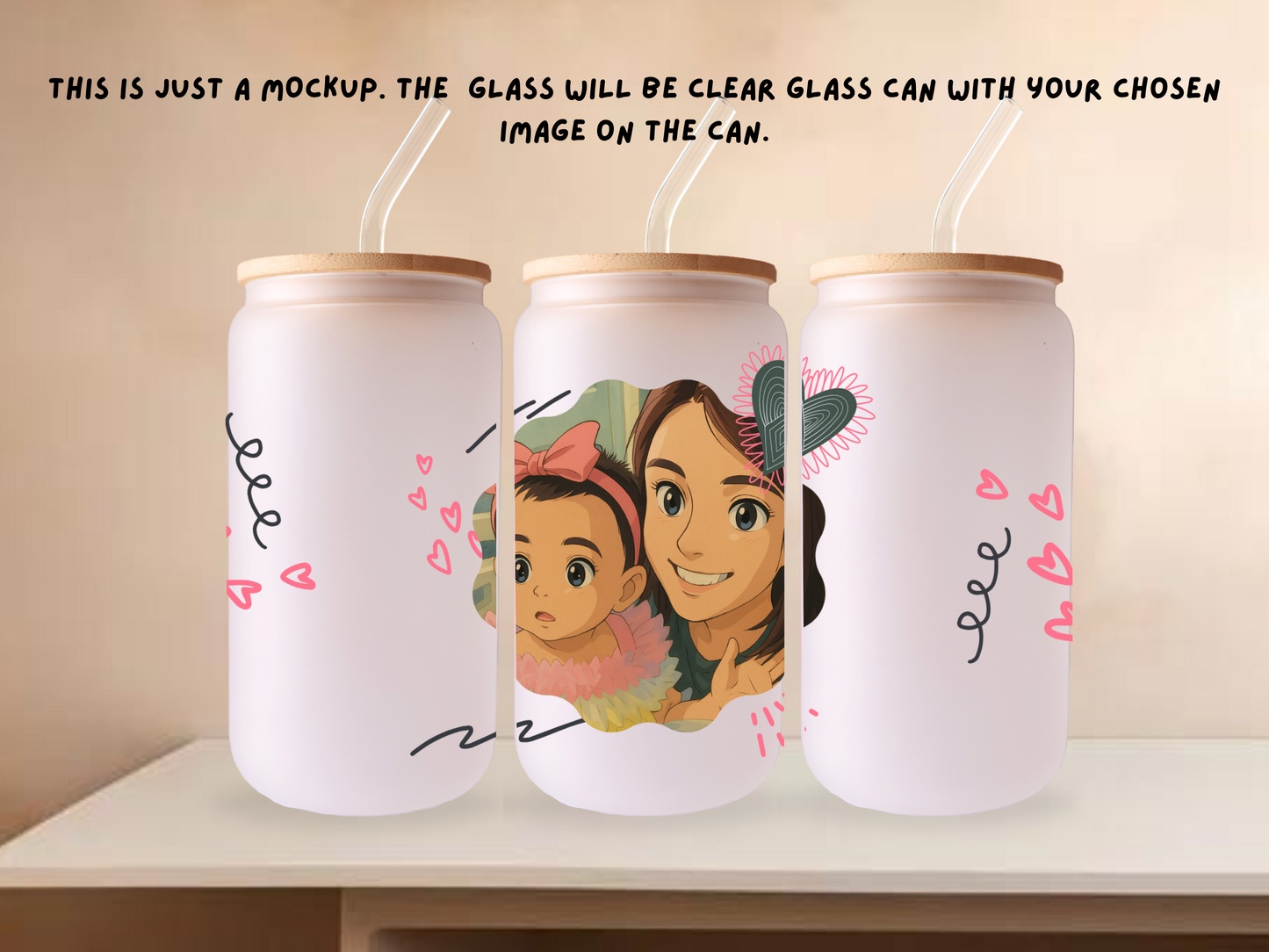 Personalised Iced Coffee Glass Can – Cartoon/Ghibli Style 16oz with Bamboo Lid and Glass Straw