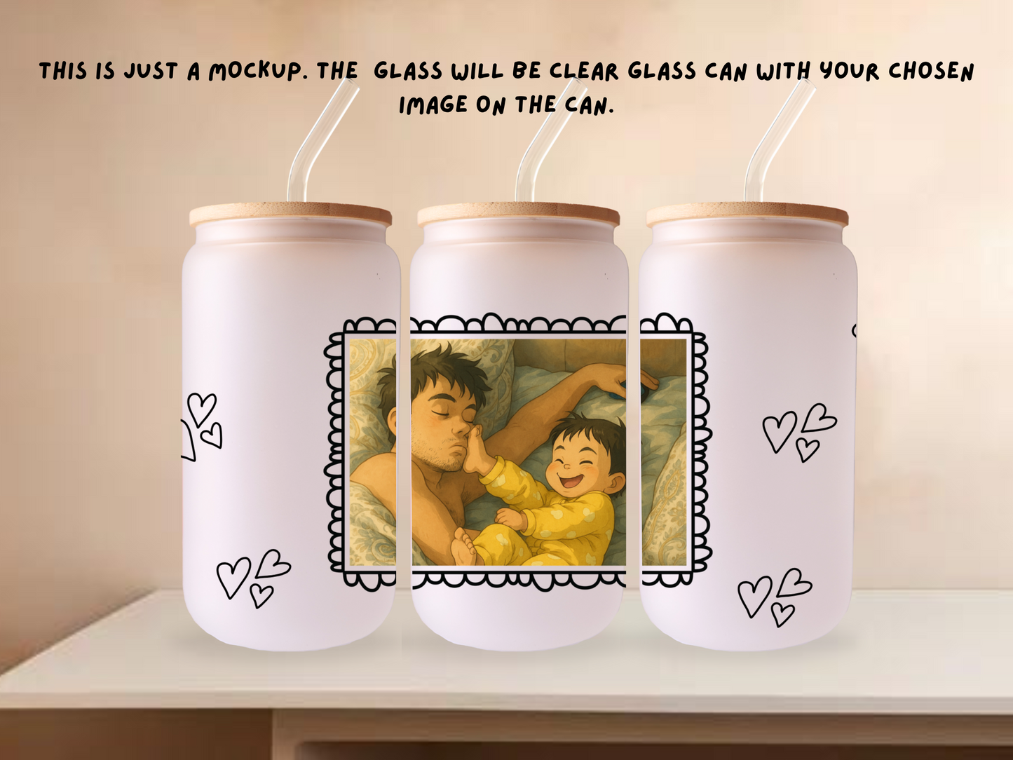 Personalised Iced Coffee Glass Can – Cartoon/Ghibli Style 16oz with Bamboo Lid and Glass Straw
