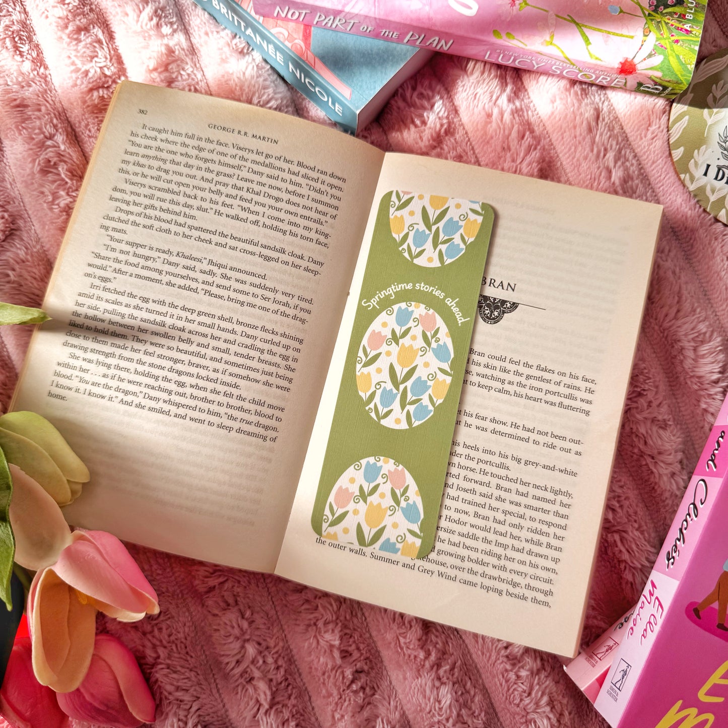 Springtime Stories Ahead Tulip Linen Bookmark – Pastel Floral Bookish Bookmark for Readers