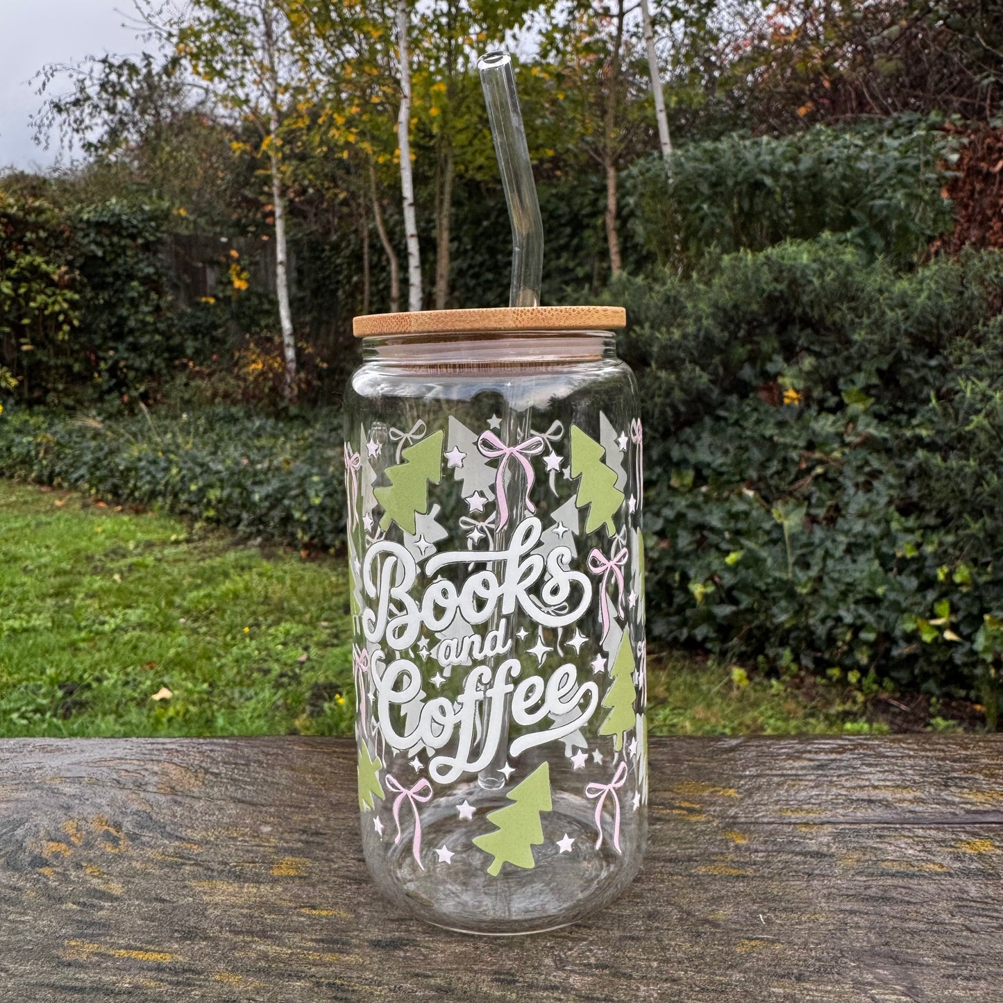 Christmas Books & Coffee 16oz Glass Can – Coquette Bow Iced Coffee Cup with Bamboo Lid & Glass Straw | Book Lover Holiday Gift