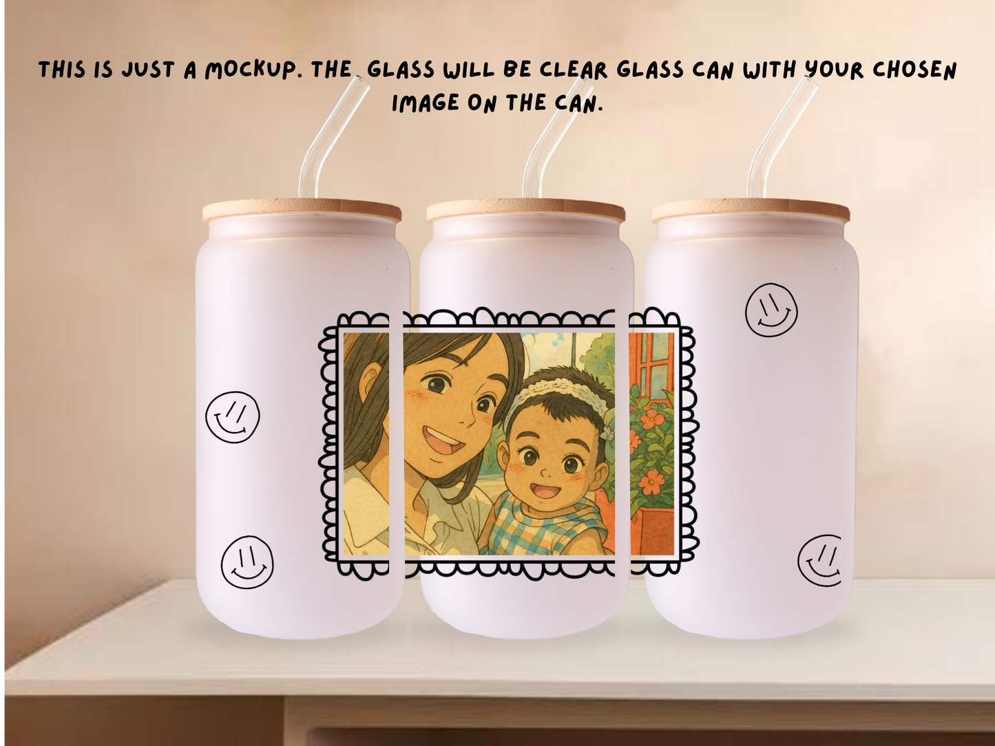 Personalised Iced Coffee Glass Can – Cartoon/Ghibli Style 16oz with Bamboo Lid and Glass Straw