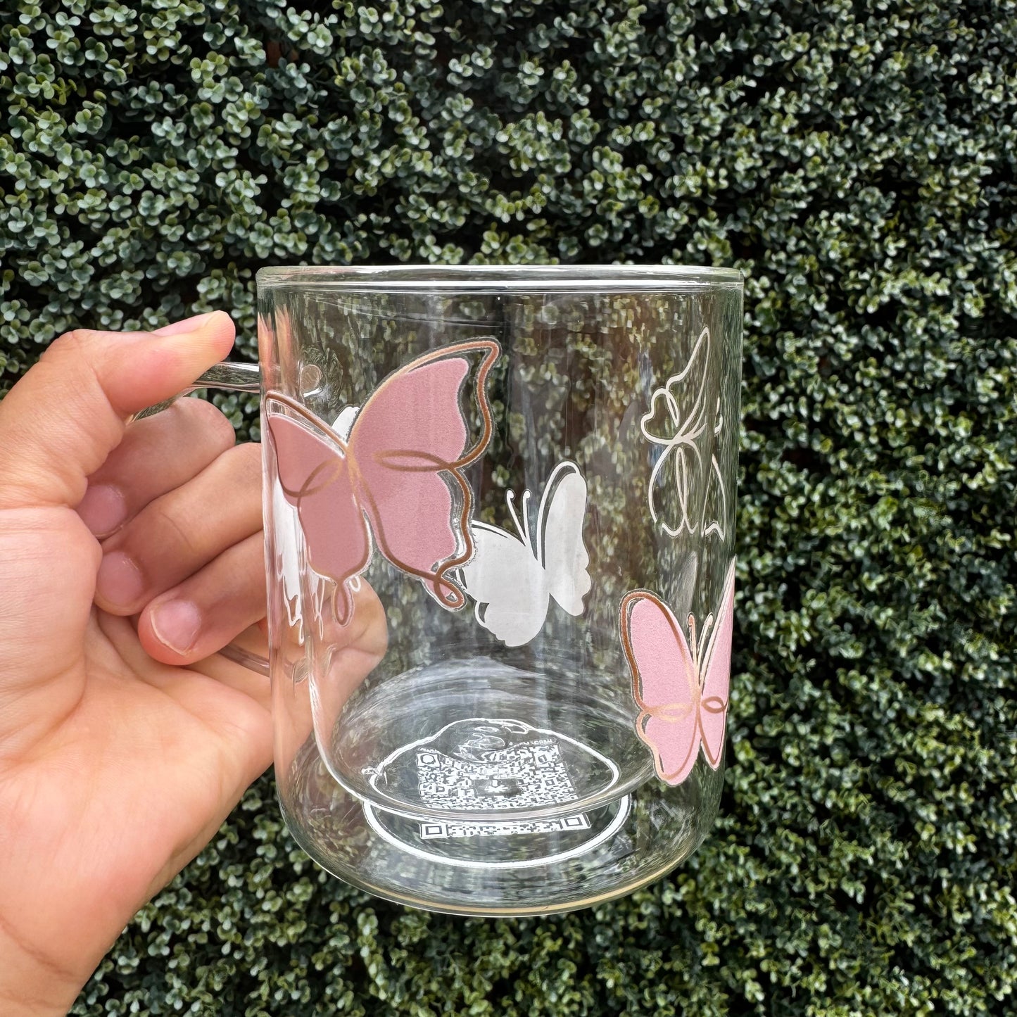 Butterfly glass coffee mug . Pink Girly mug. Glass mug .Gift for coffee lover .Butterfly mug 13oz Double walled