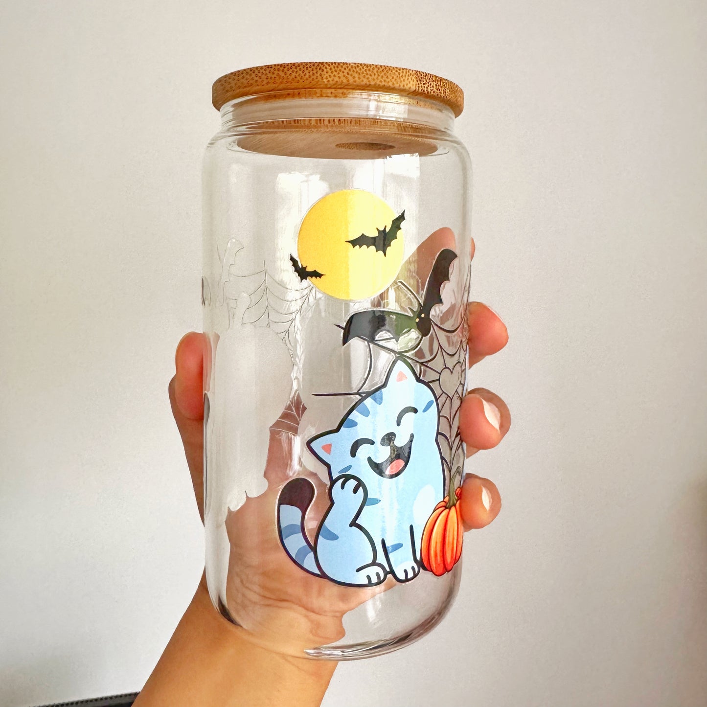 Spooky Cat Pumpkin Iced coffee Glass Can With Bamboo Lid and Straw