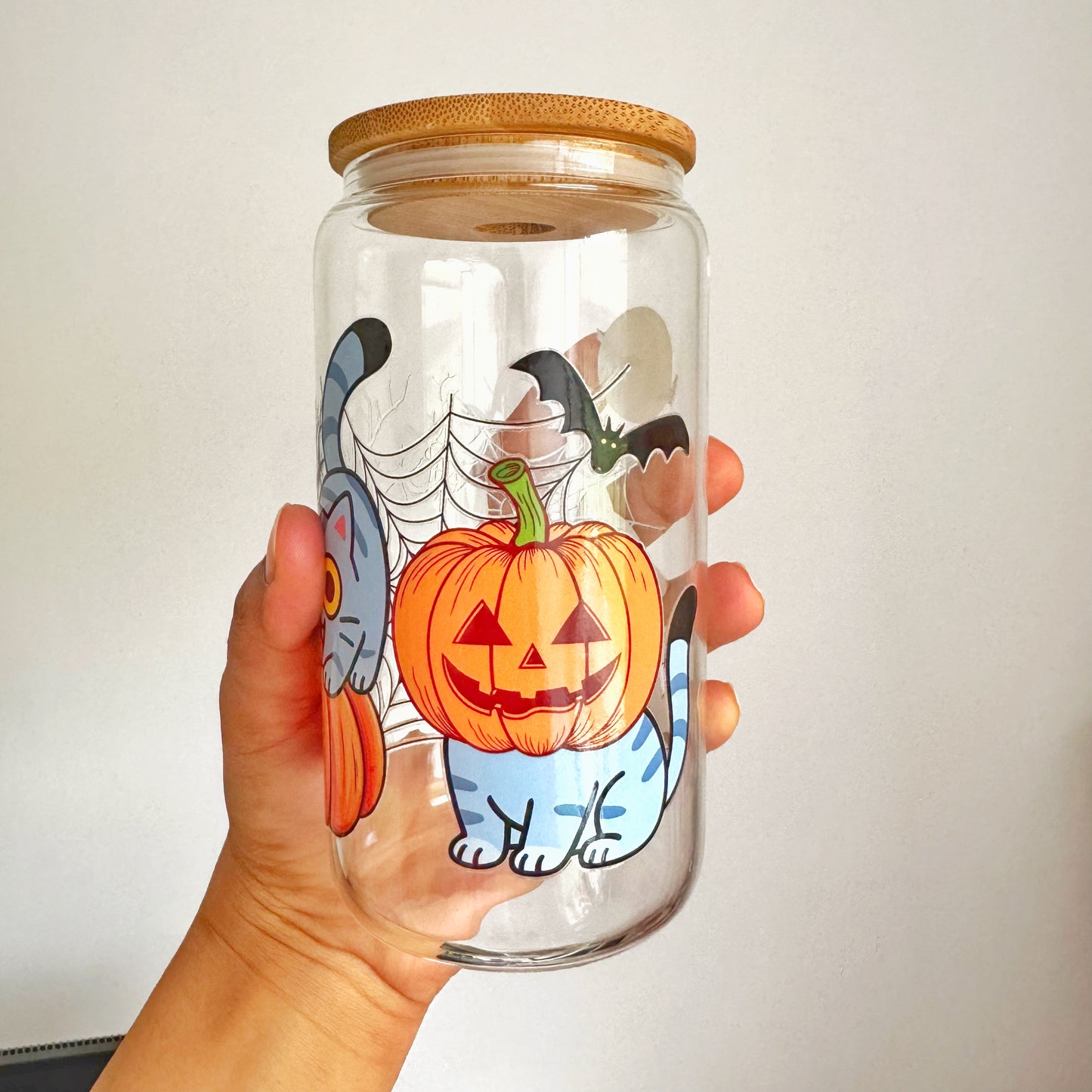 Spooky Cat Pumpkin Iced coffee Glass Can With Bamboo Lid and Straw