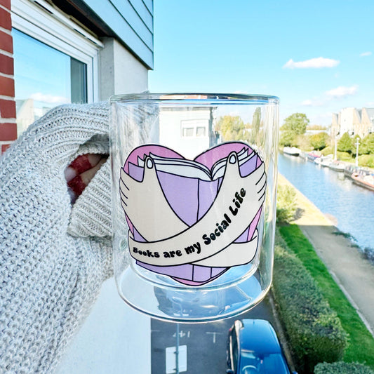 Book lover glass coffee mug . Books are my social life mug. Glass mug .Gift for book lover, Bibliophile gift .Bookish mug 13oz Double walled