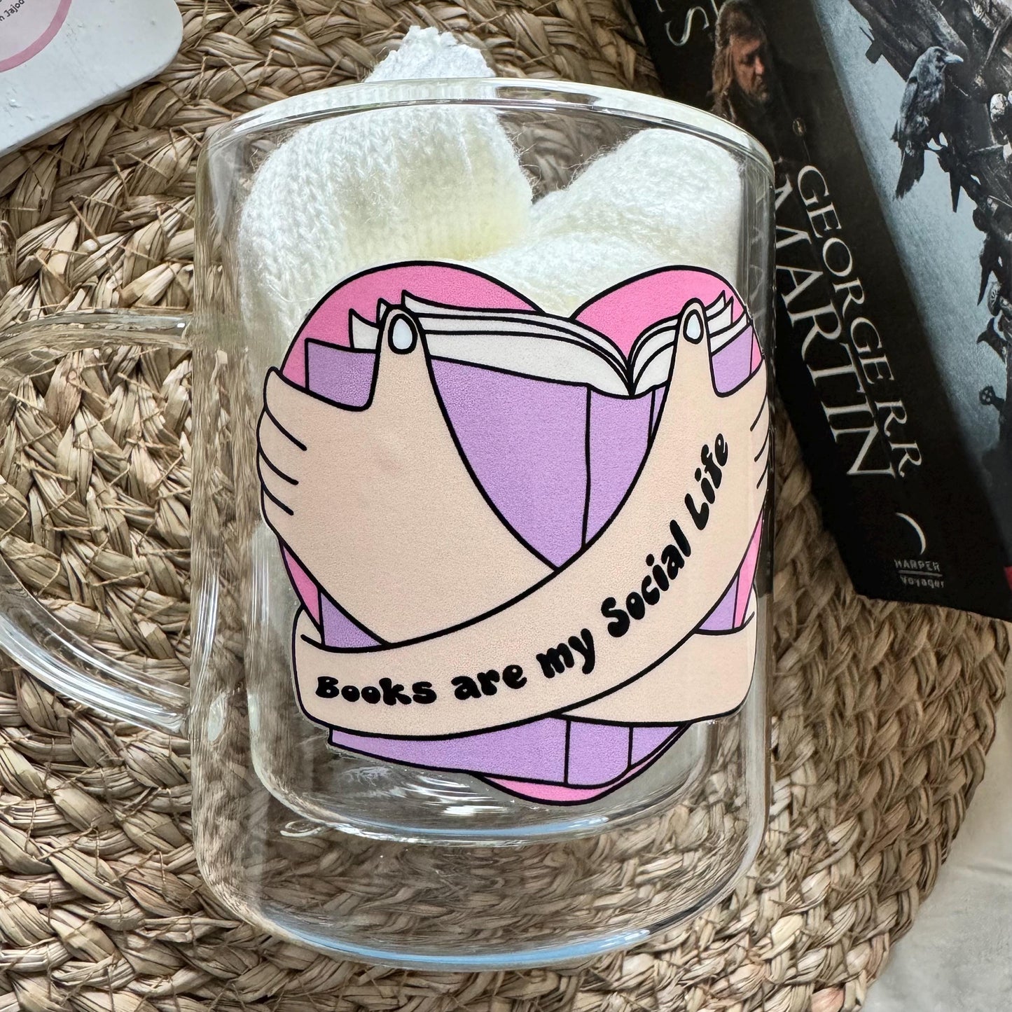 Book lover glass coffee mug . Books are my social life mug. Glass mug .Gift for book lover, Bibliophile gift .Bookish mug 13oz Double walled
