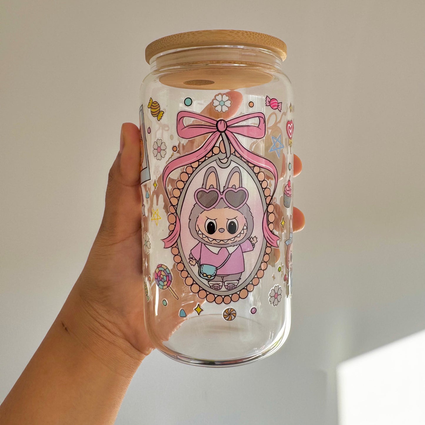 Exclusive Labubu Collection - Labubu Monster Doll iced coffee can, Labubu Libbey Glass with Bamboo Lid and Glass Straw