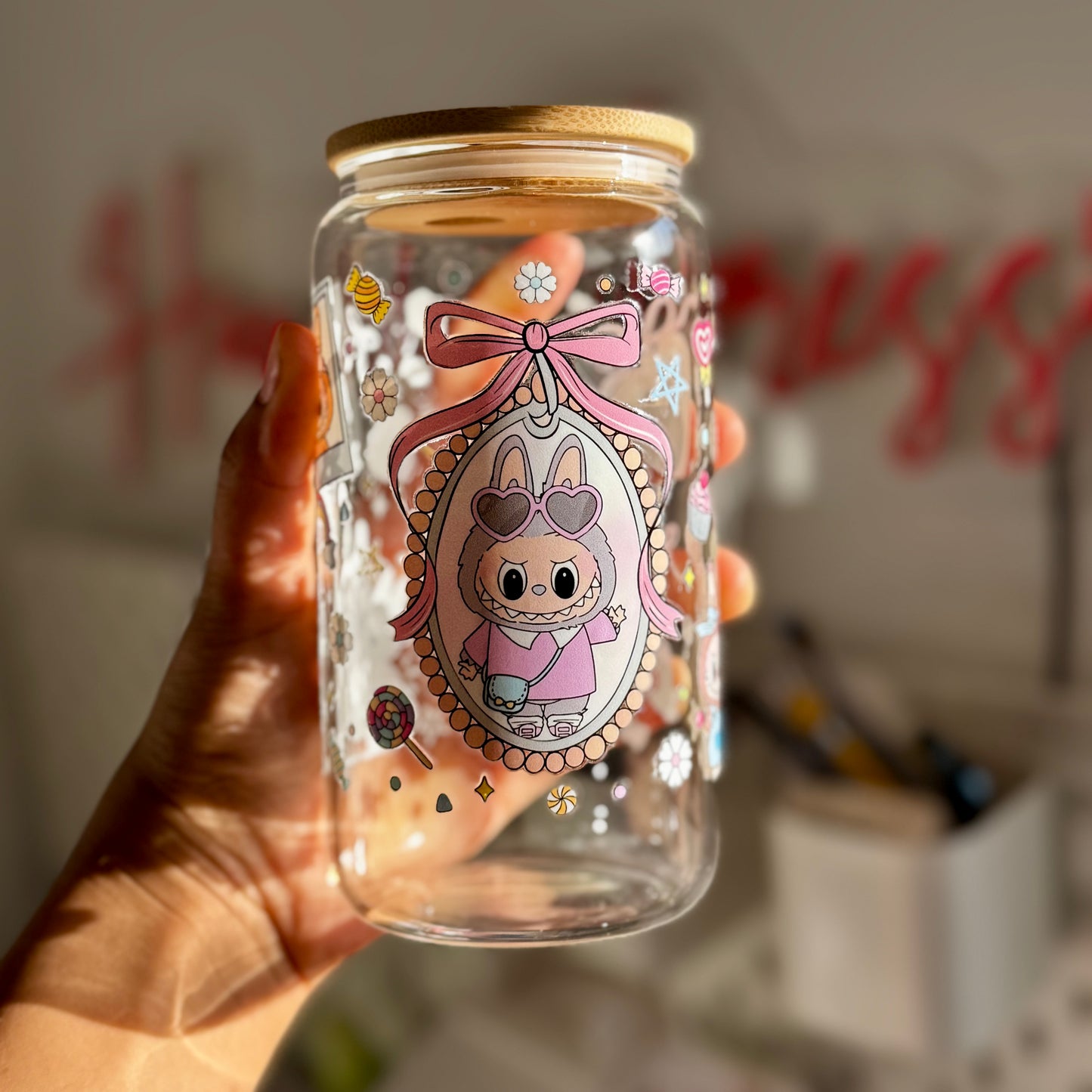 Exclusive Labubu Collection - Labubu Monster Doll iced coffee can, Labubu Libbey Glass with Bamboo Lid and Glass Straw