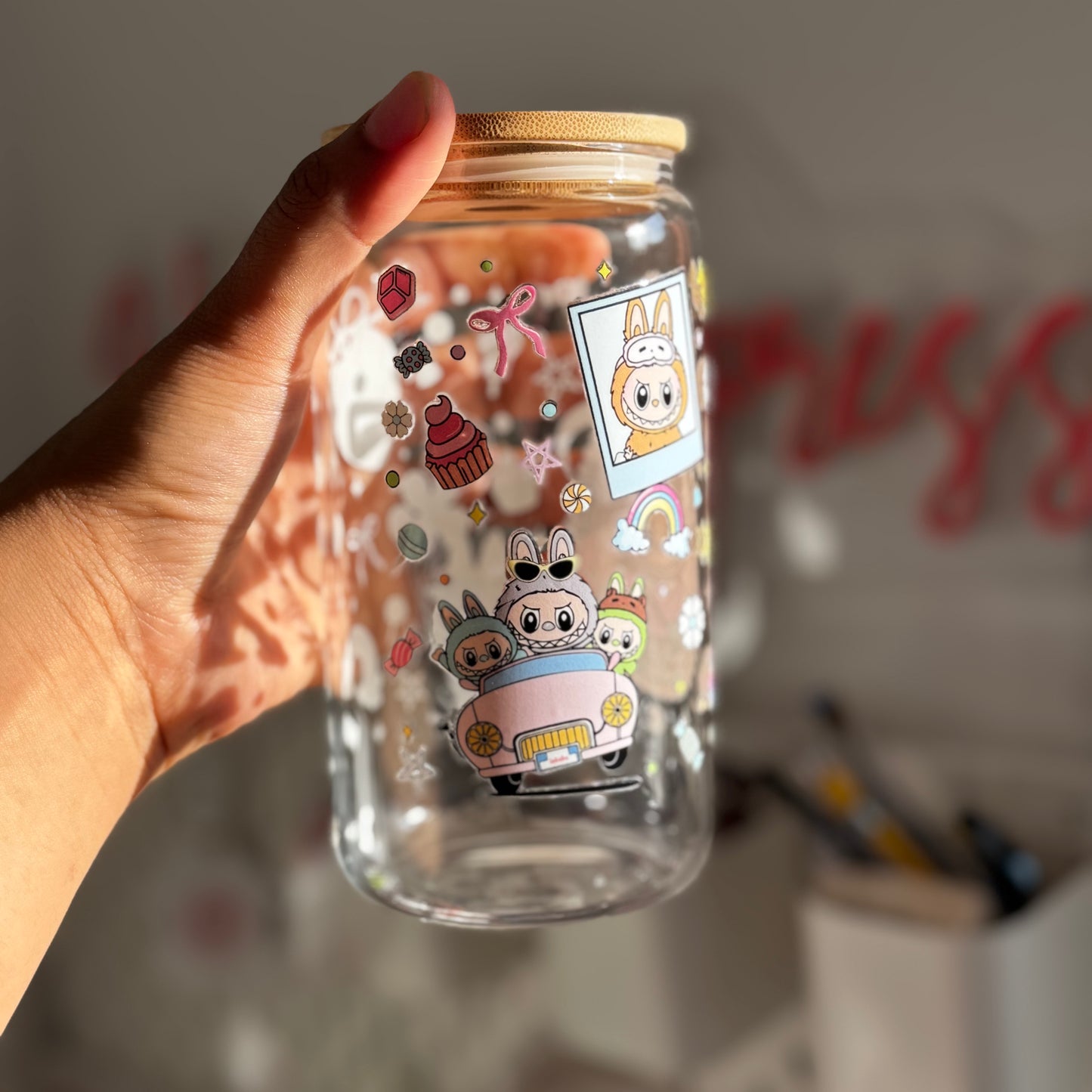 Exclusive Labubu Collection - Labubu Monster Doll iced coffee can, Labubu Libbey Glass with Bamboo Lid and Glass Straw