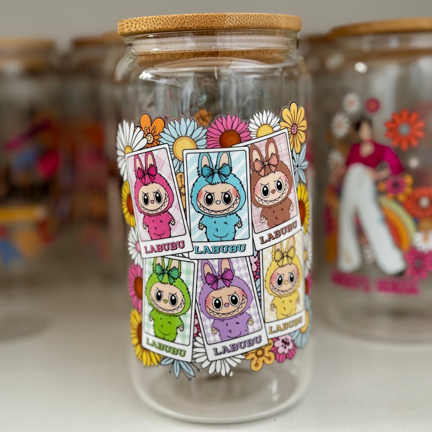 Exclusive Labubu Collection - Flower Labubu dolls iced coffee can, Labubu Libbey Glass with Bamboo Lid and Glass Straw