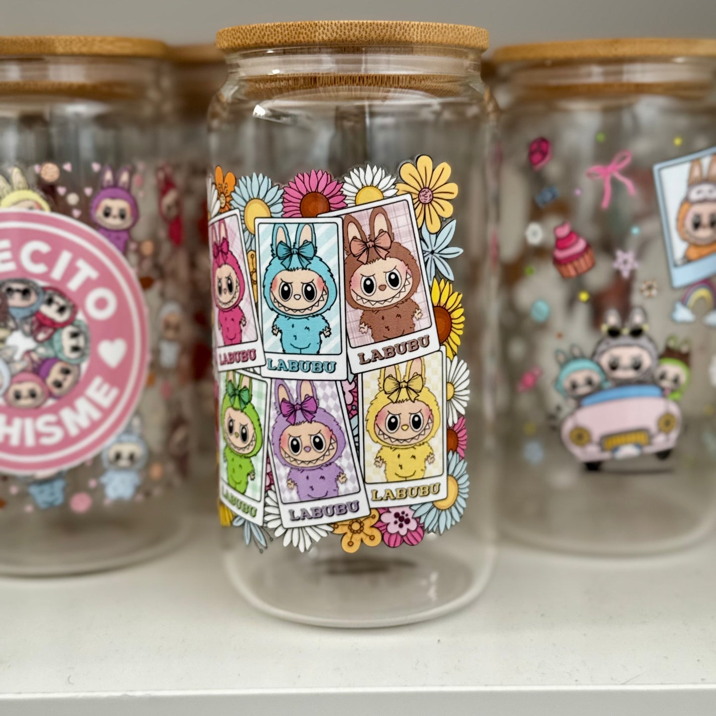 Exclusive Labubu Collection - Flower Labubu dolls iced coffee can, Labubu Libbey Glass with Bamboo Lid and Glass Straw