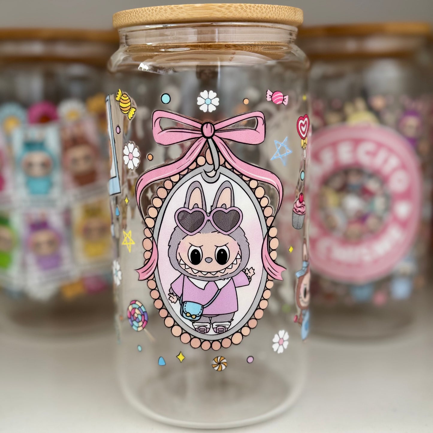 Exclusive Labubu Collection - Labubu Monster Doll iced coffee can, Labubu Libbey Glass with Bamboo Lid and Glass Straw