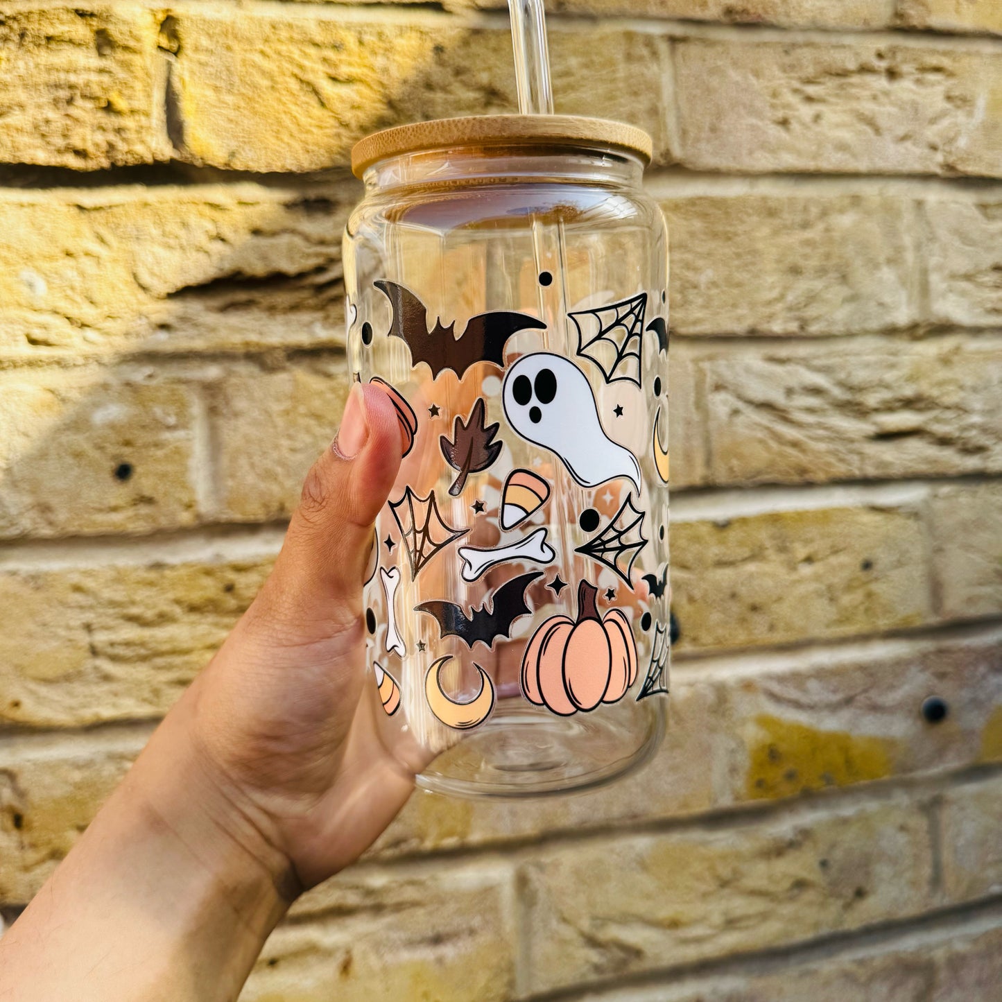 Halloween Spooky Boo Spider Web Pumpkin Moon Iced Coffee Can Glass, Spooky Coffee Tumbler with Bamboo Lid and straw