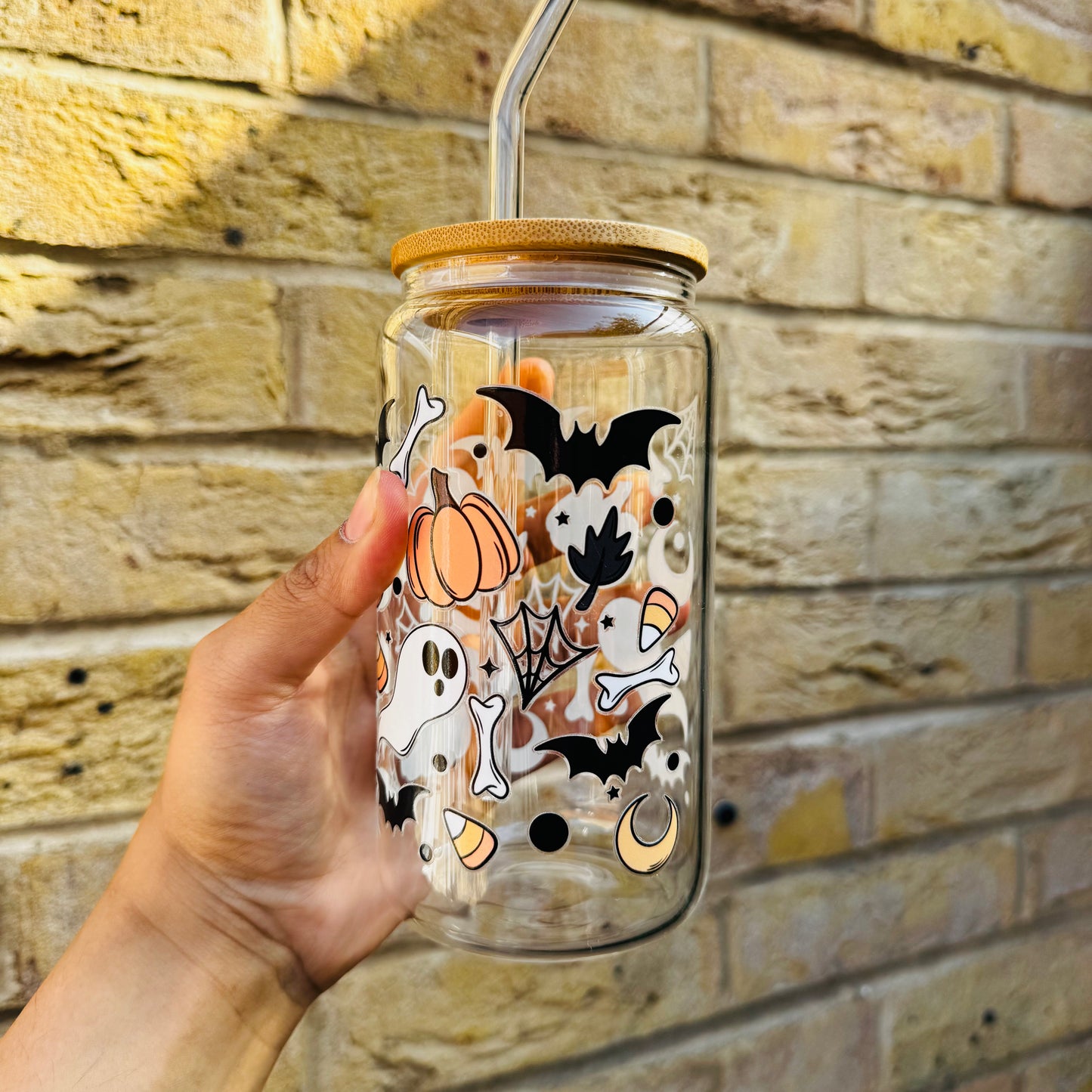 Halloween Spooky Boo Spider Web Pumpkin Moon Iced Coffee Can Glass, Spooky Coffee Tumbler with Bamboo Lid and straw