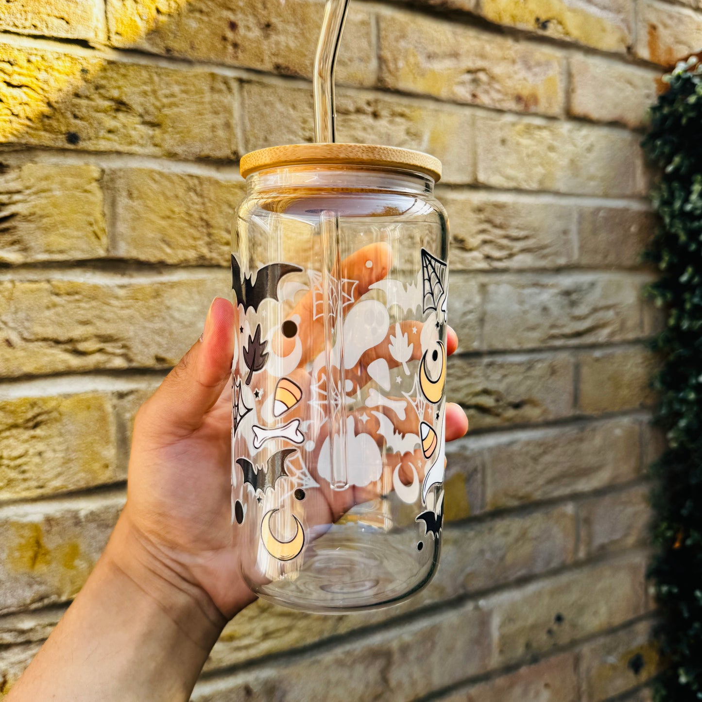 Halloween Spooky Boo Spider Web Pumpkin Moon Iced Coffee Can Glass, Spooky Coffee Tumbler with Bamboo Lid and straw
