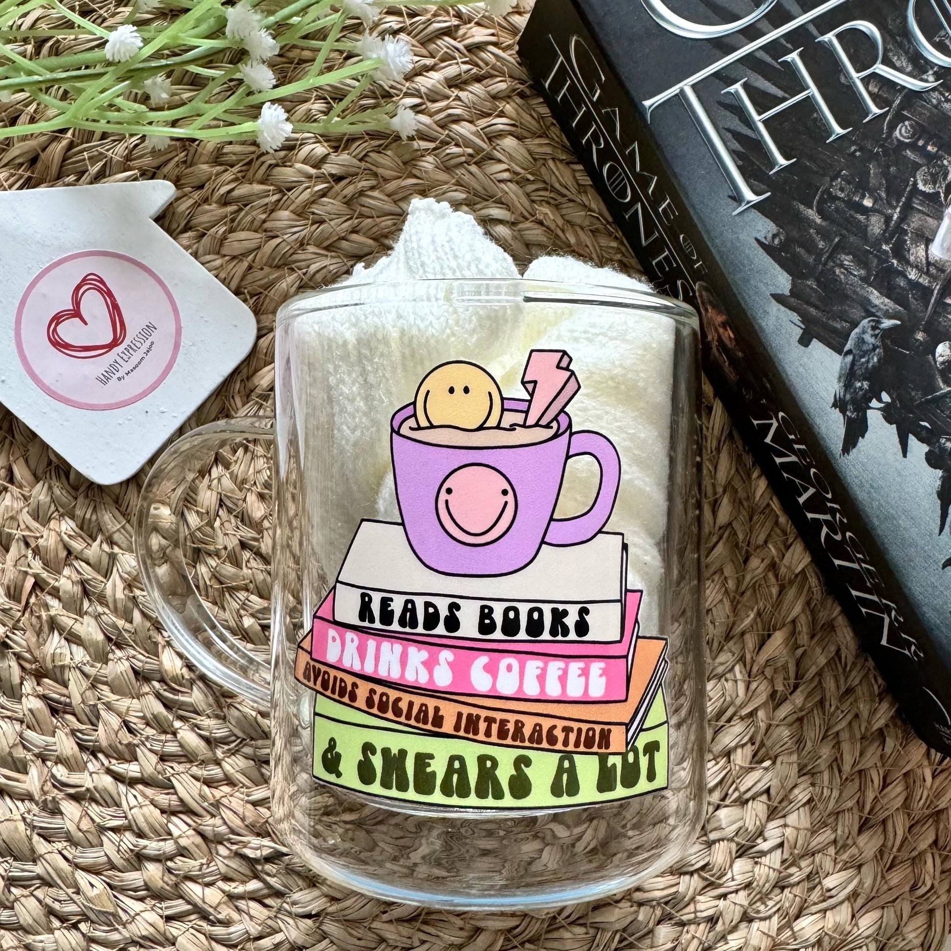 Book lover glass coffee mug . Coffee and Books Mug . Glass mug .Gift for book lover, Bibliophile gift . Bookish mug 13oz Double walled