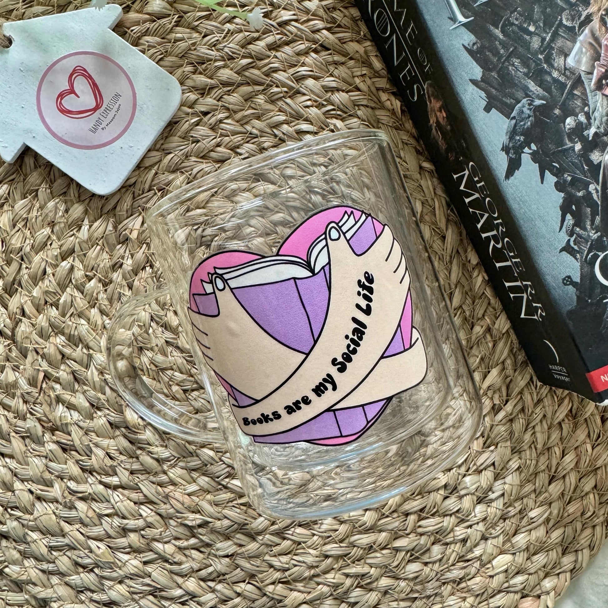 Book lover glass coffee mug . Books are my social life mug. Glass mug .Gift for book lover, Bibliophile gift .Bookish mug 13oz Double walled