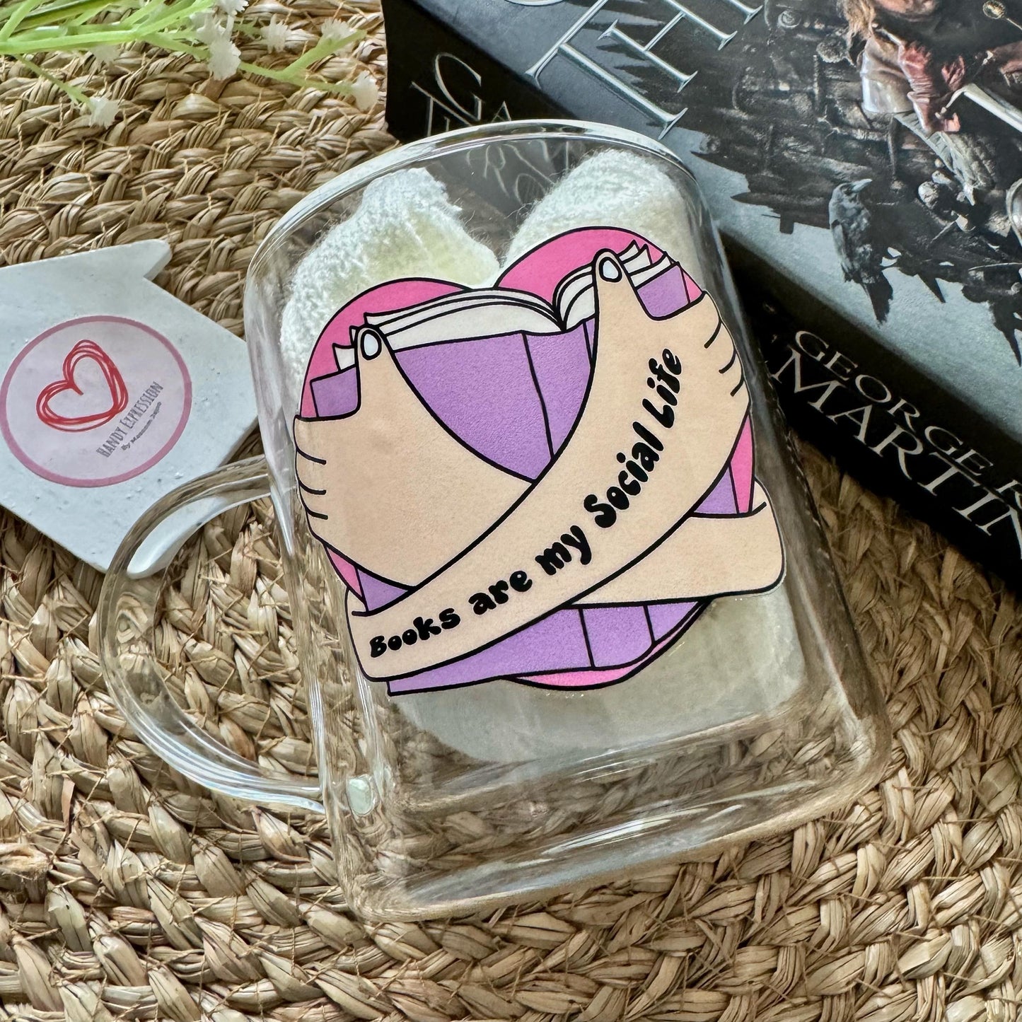 Book lover glass coffee mug . Books are my social life mug. Glass mug .Gift for book lover, Bibliophile gift .Bookish mug 13oz Double walled