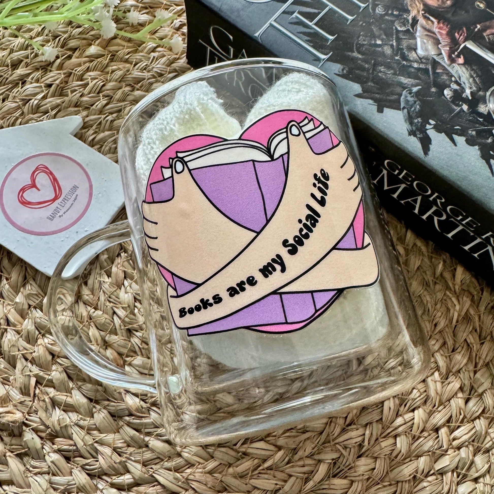 Book lover glass coffee mug . Books are my social life mug. Glass mug .Gift for book lover, Bibliophile gift .Bookish mug 13oz Double walled