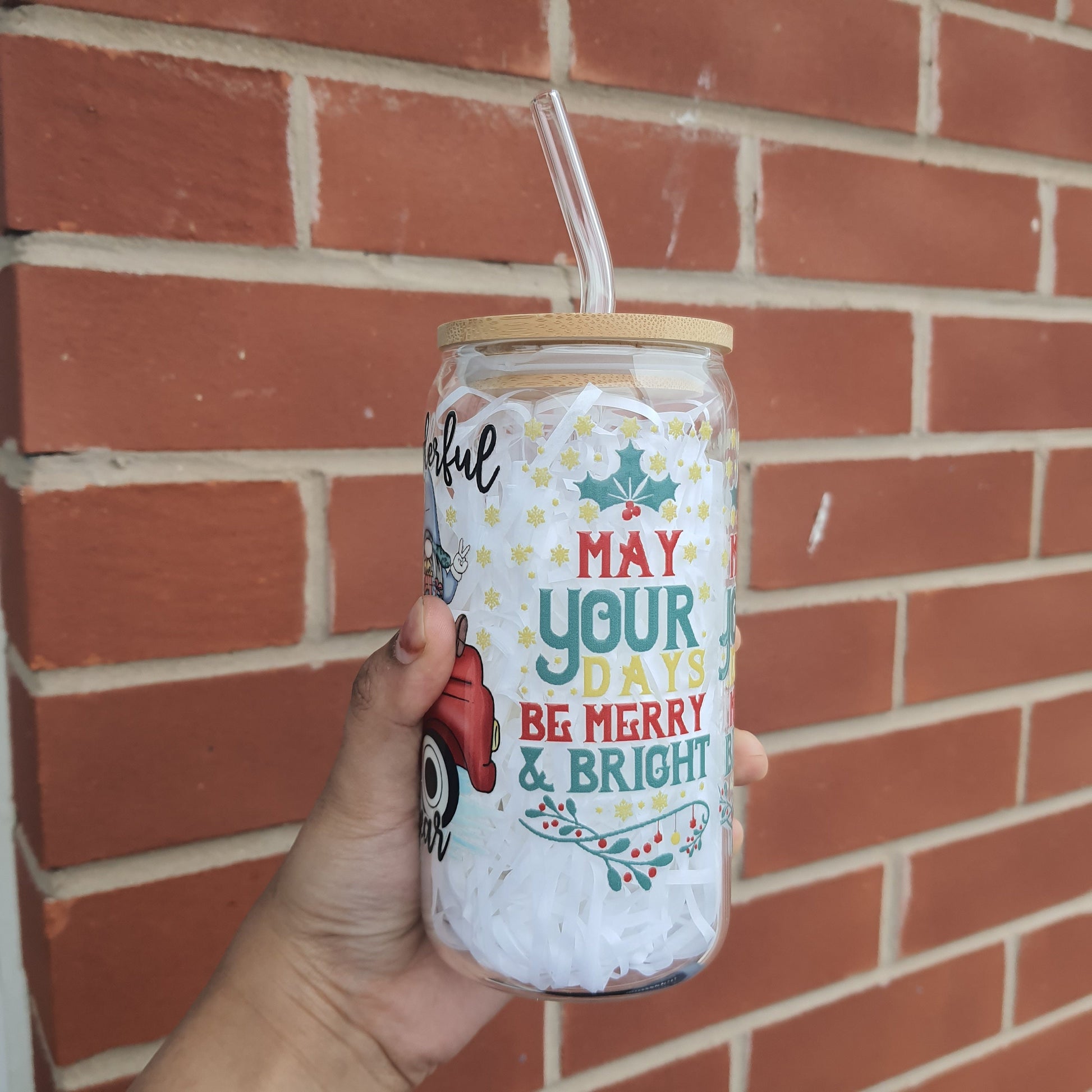 Christmas Truck Gnome glass tumbler 16oz with glass straw, Brew Glass Tumbler, Candy Cans Holiday and Christmas Gifts, Secret Santa Gifts
