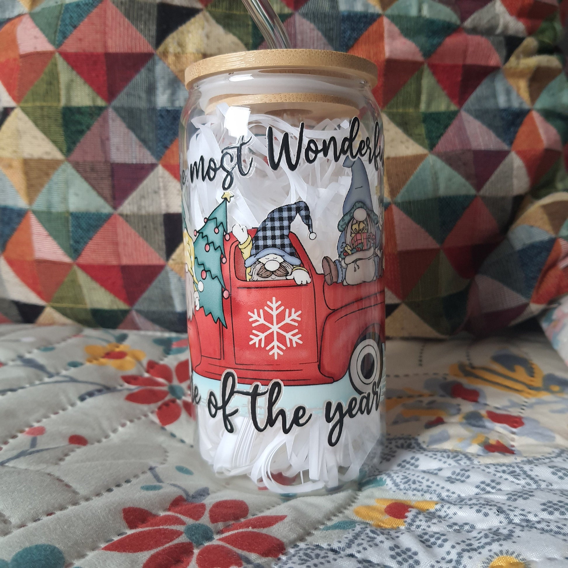 Christmas Truck Gnome glass tumbler 16oz with glass straw, Brew Glass Tumbler, Candy Cans Holiday and Christmas Gifts, Secret Santa Gifts