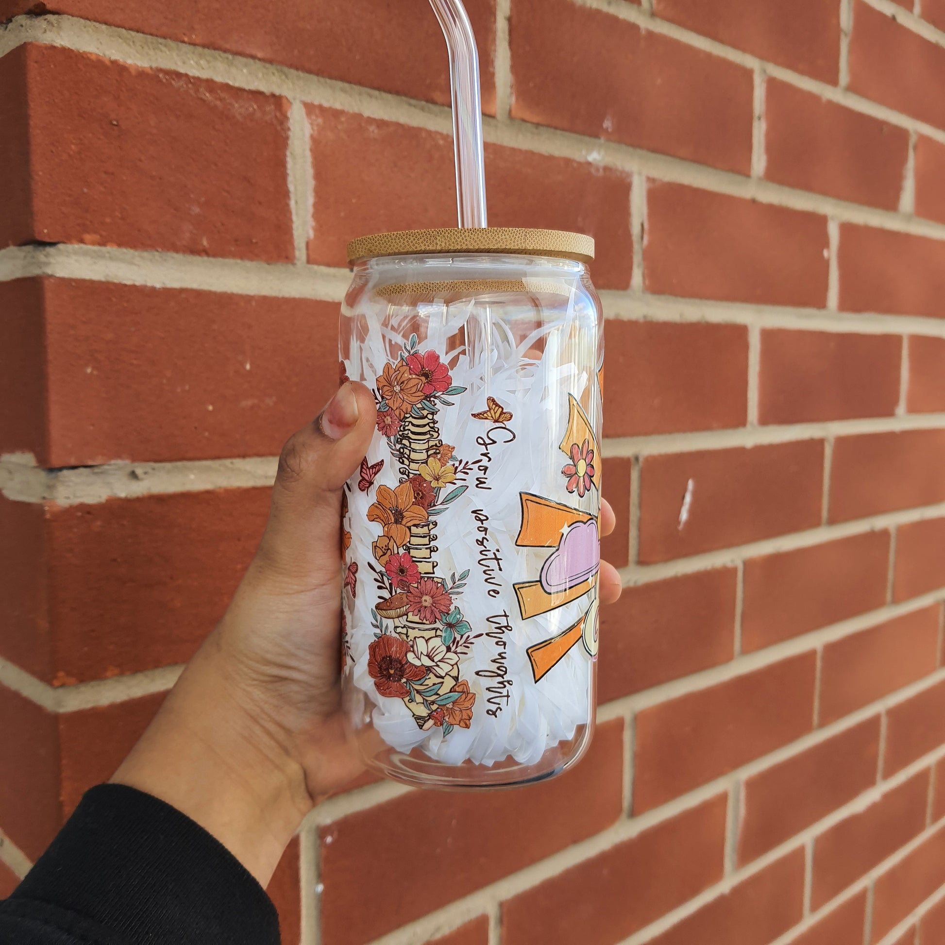 You are Enough Themed Positivity and Affirmation Gift Glass Tumbler 16 oz, Iced Coffee Tumbler for her,Wildflower Girl Tumbler all occasion