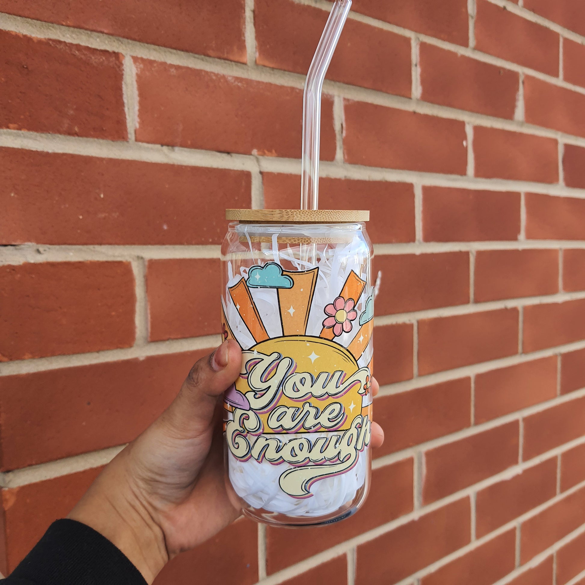 You are Enough Themed Positivity and Affirmation Gift Glass Tumbler 16 oz, Iced Coffee Tumbler for her,Wildflower Girl Tumbler all occasion