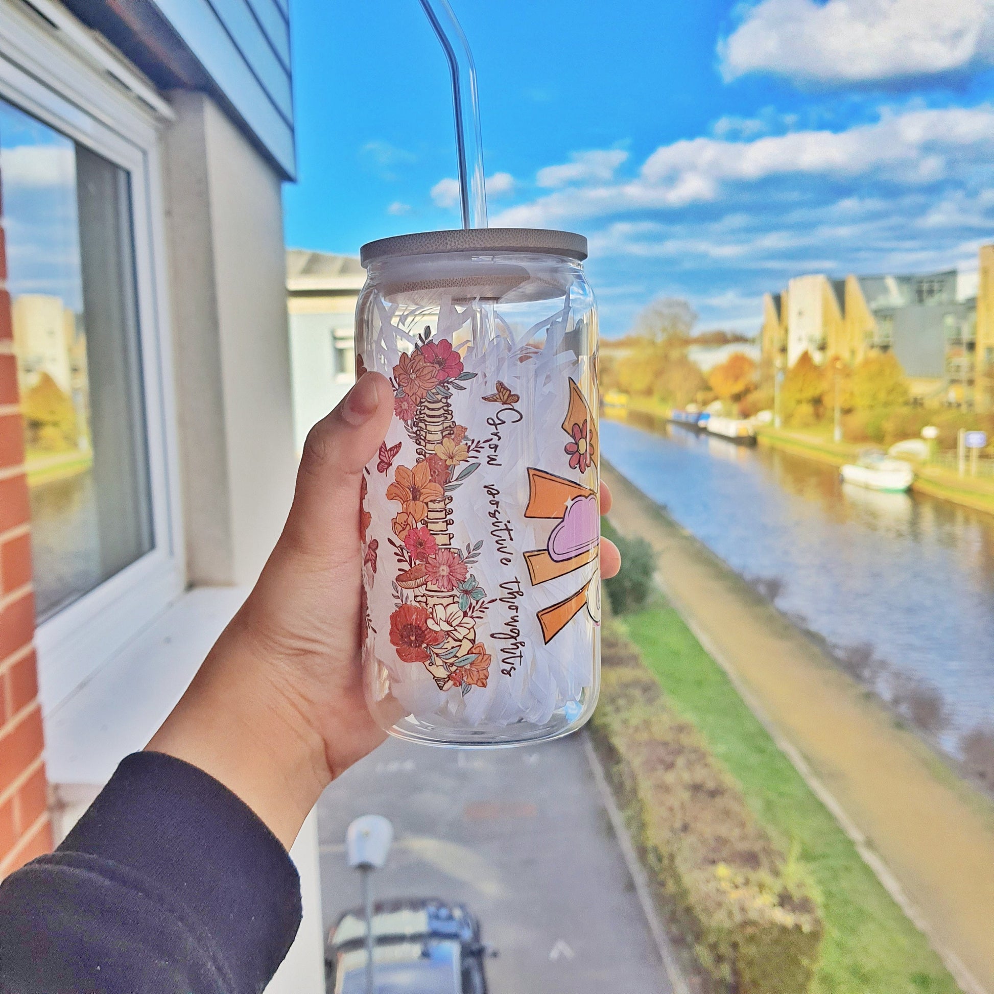 You are Enough Themed Positivity and Affirmation Gift Glass Tumbler 16 oz, Iced Coffee Tumbler for her,Wildflower Girl Tumbler all occasion