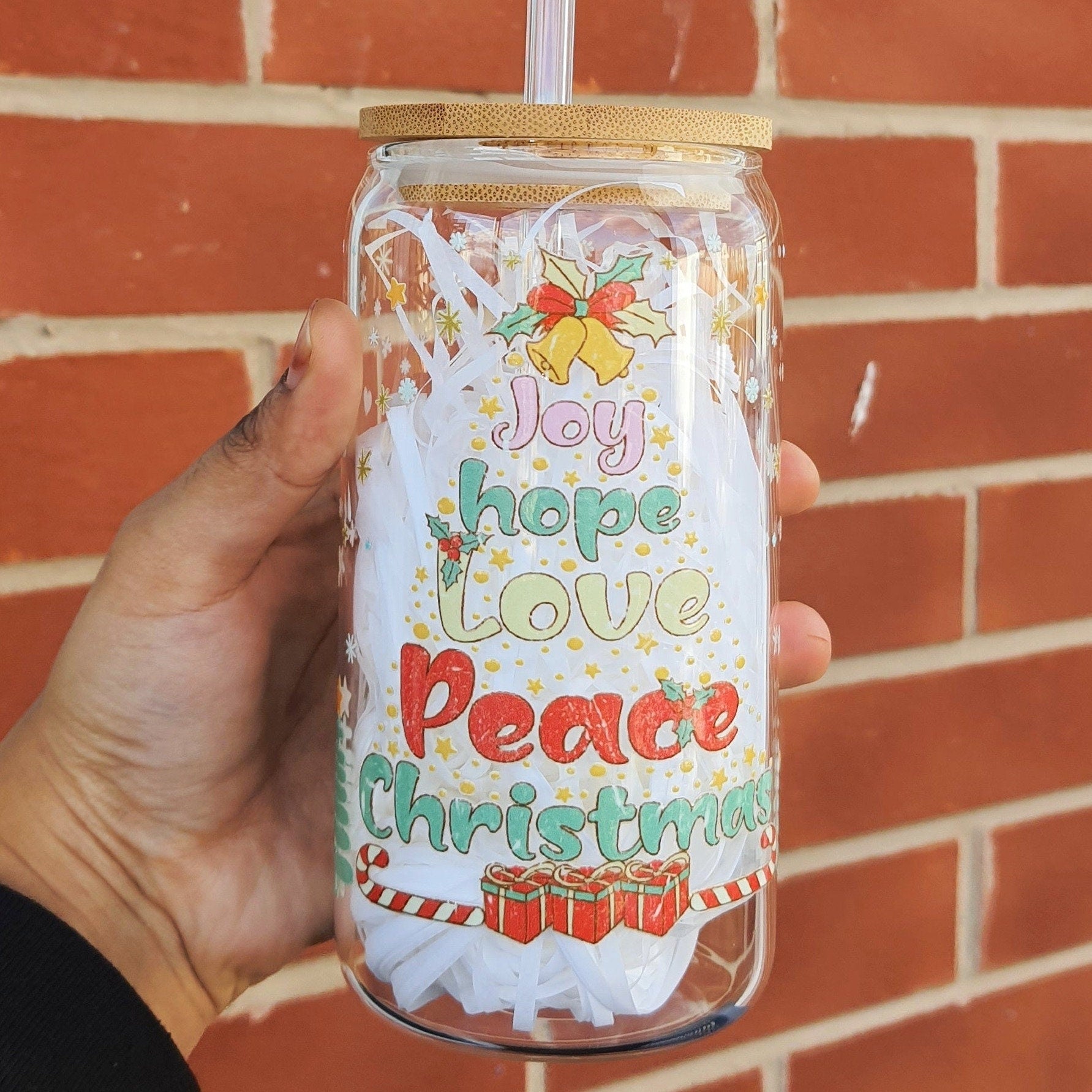 Joy Hope Love Peace Christmas Glass Tumbler 16 oz with glass straw, Brew Tumbler, Beer Cans Holiday and Christmas Gift, Secret Santa Gifts
