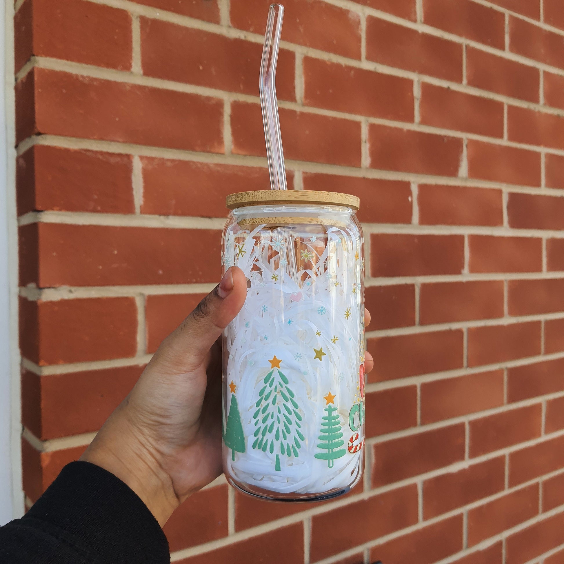Joy Hope Love Peace Christmas Glass Tumbler 16 oz with glass straw, Brew Tumbler, Beer Cans Holiday and Christmas Gift, Secret Santa Gifts