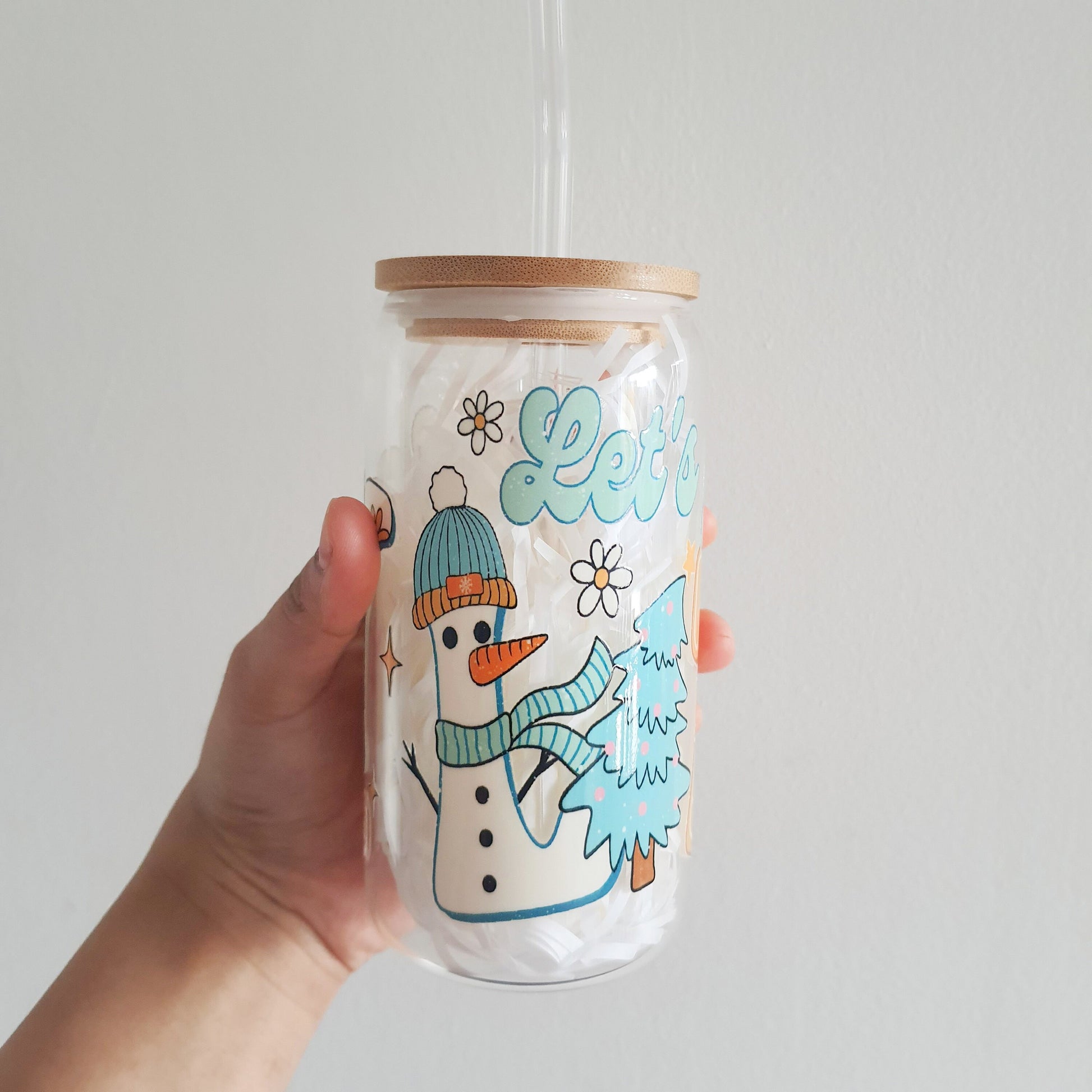 Snowman Lets Get Joy to the world Christmas Gift Glass Tumbler16 oz with glass straw, Brew Tumbler, Beer Cans, Holiday,Secret Santa Gift