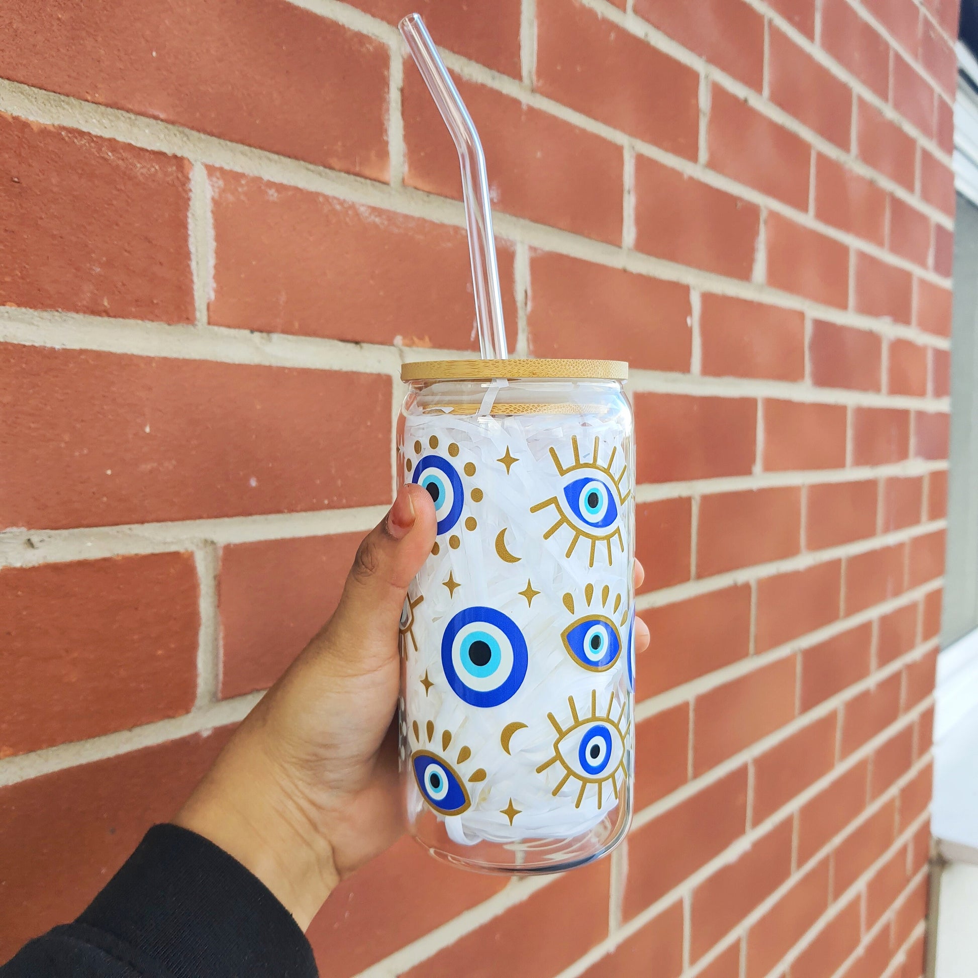 Evil Eye Themed Gift Glass Tumbler 16 oz , Libby Cup Evil Eye theme, Blue Eye Gifts for Loved ones, Iced Coffee Tumbler, Show Care Gifts