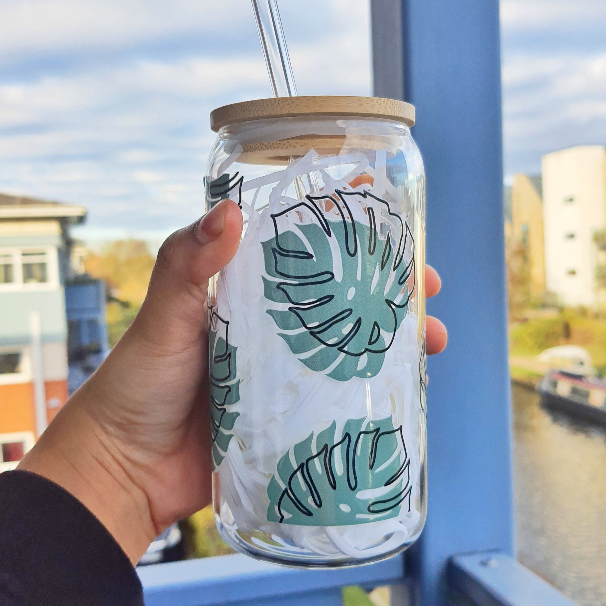Green Tropical Leaves themed Glass Tumbler 16 oz for Plant lovers , Libby Cup Monstera Leave theme gifts, Go Green Gift, Iced coffee Tumbler
