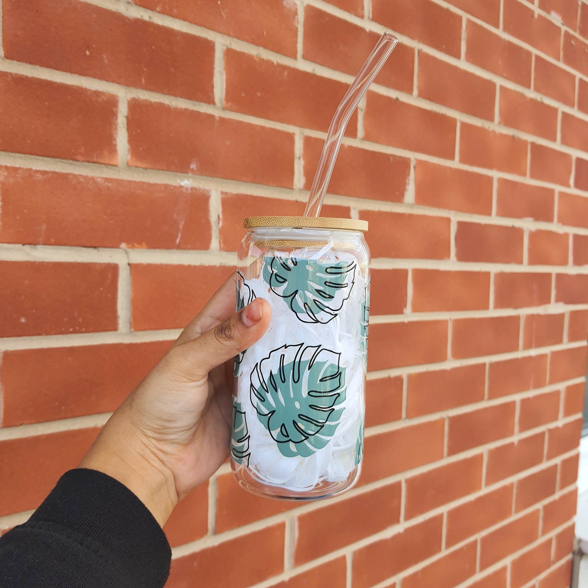Green Tropical Leaves themed Glass Tumbler 16 oz for Plant lovers , Libby Cup Monstera Leave theme gifts, Go Green Gift, Iced coffee Tumbler