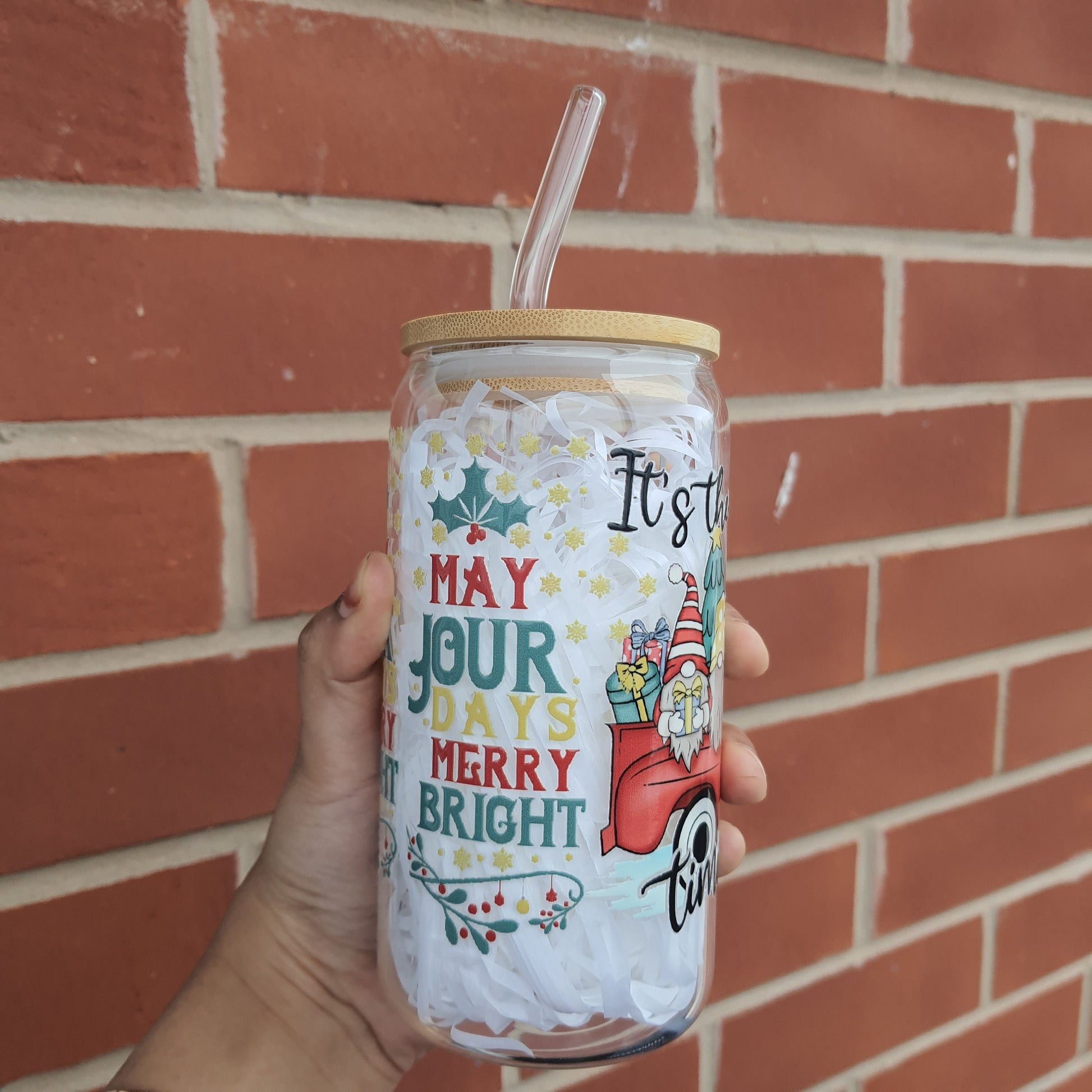 Christmas Truck Gnome glass tumbler 16oz with glass straw, Brew Glass Tumbler, Candy Cans Holiday and Christmas Gifts, Secret Santa Gifts