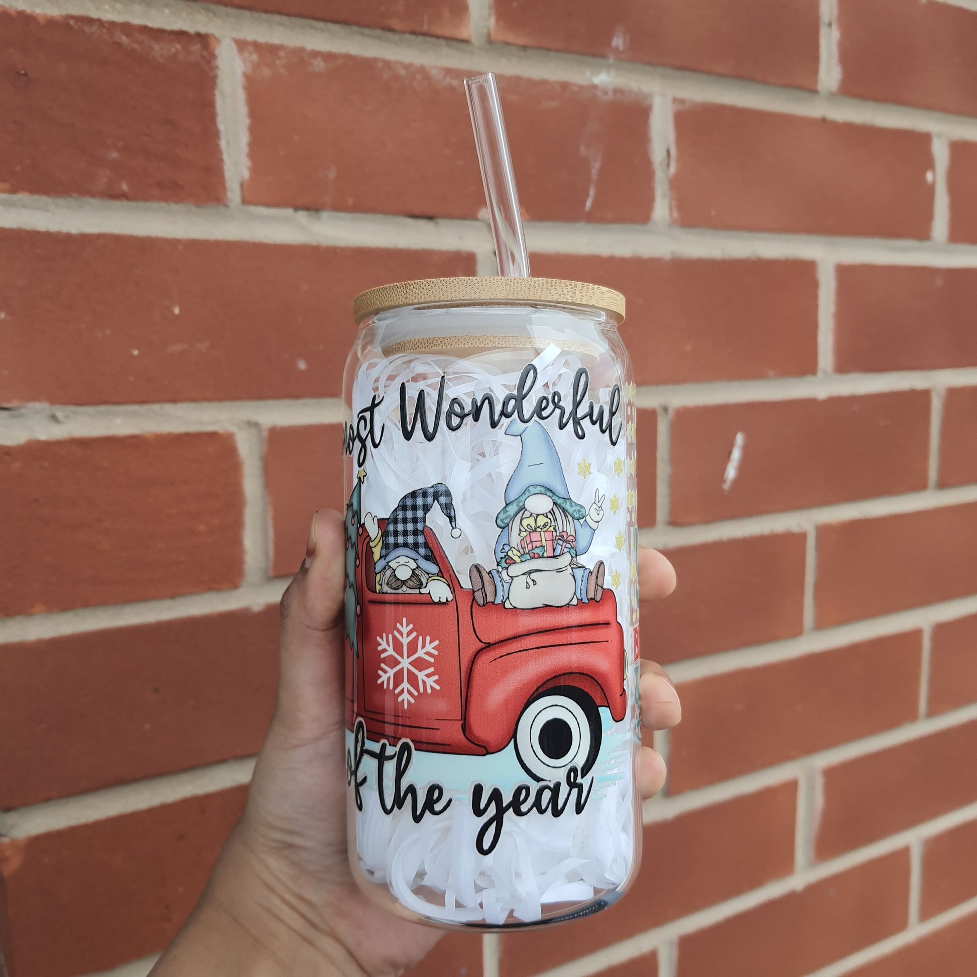 Christmas Truck Gnome glass tumbler 16oz with glass straw, Brew Glass Tumbler, Candy Cans Holiday and Christmas Gifts, Secret Santa Gifts