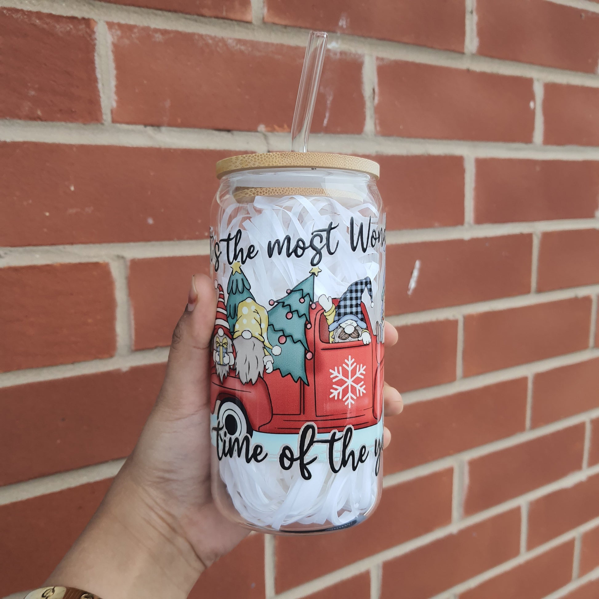 Christmas Truck Gnome glass tumbler 16oz with glass straw, Brew Glass Tumbler, Candy Cans Holiday and Christmas Gifts, Secret Santa Gifts