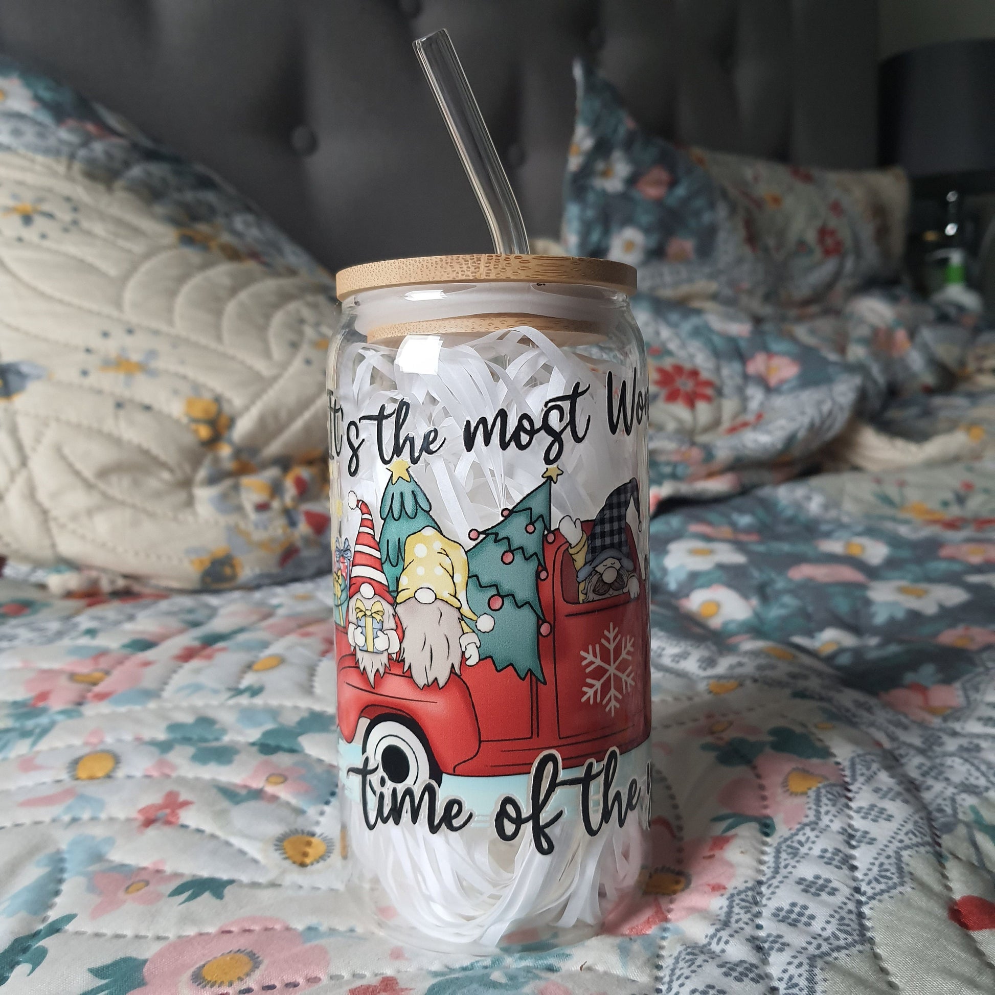 Christmas Truck Gnome glass tumbler 16oz with glass straw, Brew Glass Tumbler, Candy Cans Holiday and Christmas Gifts, Secret Santa Gifts