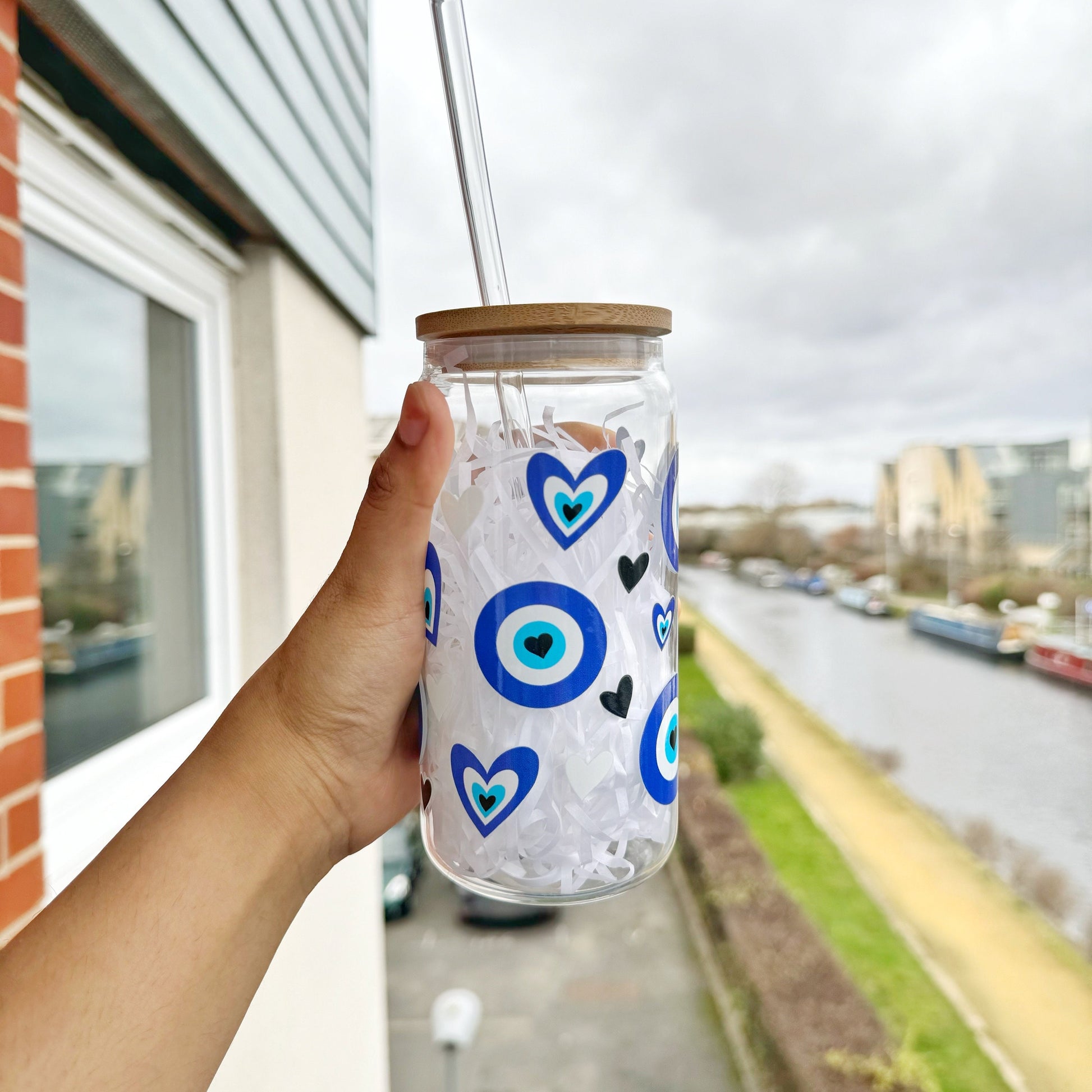 Blue Evil Eye Glass Tumbler, 16 oz Libby Cup - Heart Design, Perfect Gift for Loved Ones, Iced Coffee, Show Care