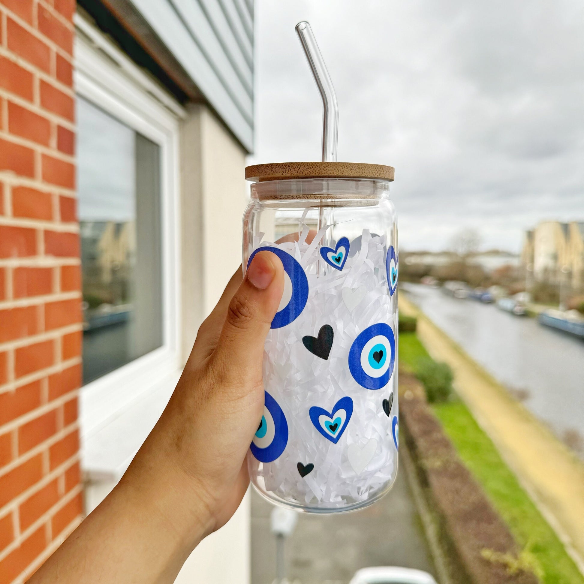Blue Evil Eye Glass Tumbler, 16 oz Libby Cup - Heart Design, Perfect Gift for Loved Ones, Iced Coffee, Show Care